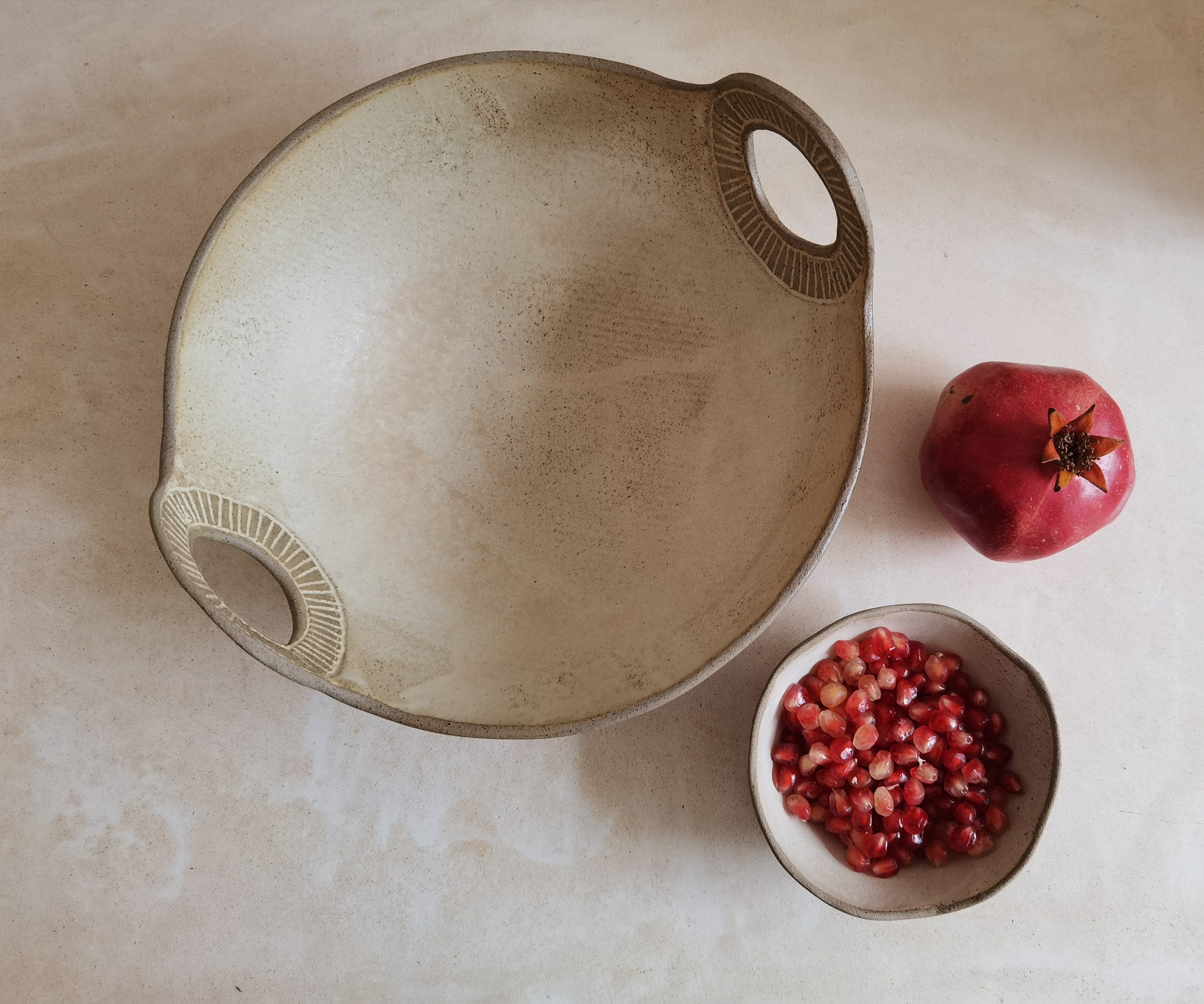 Engraved Ceramic Serving Bowl: Beige Glaze, Wide Handles