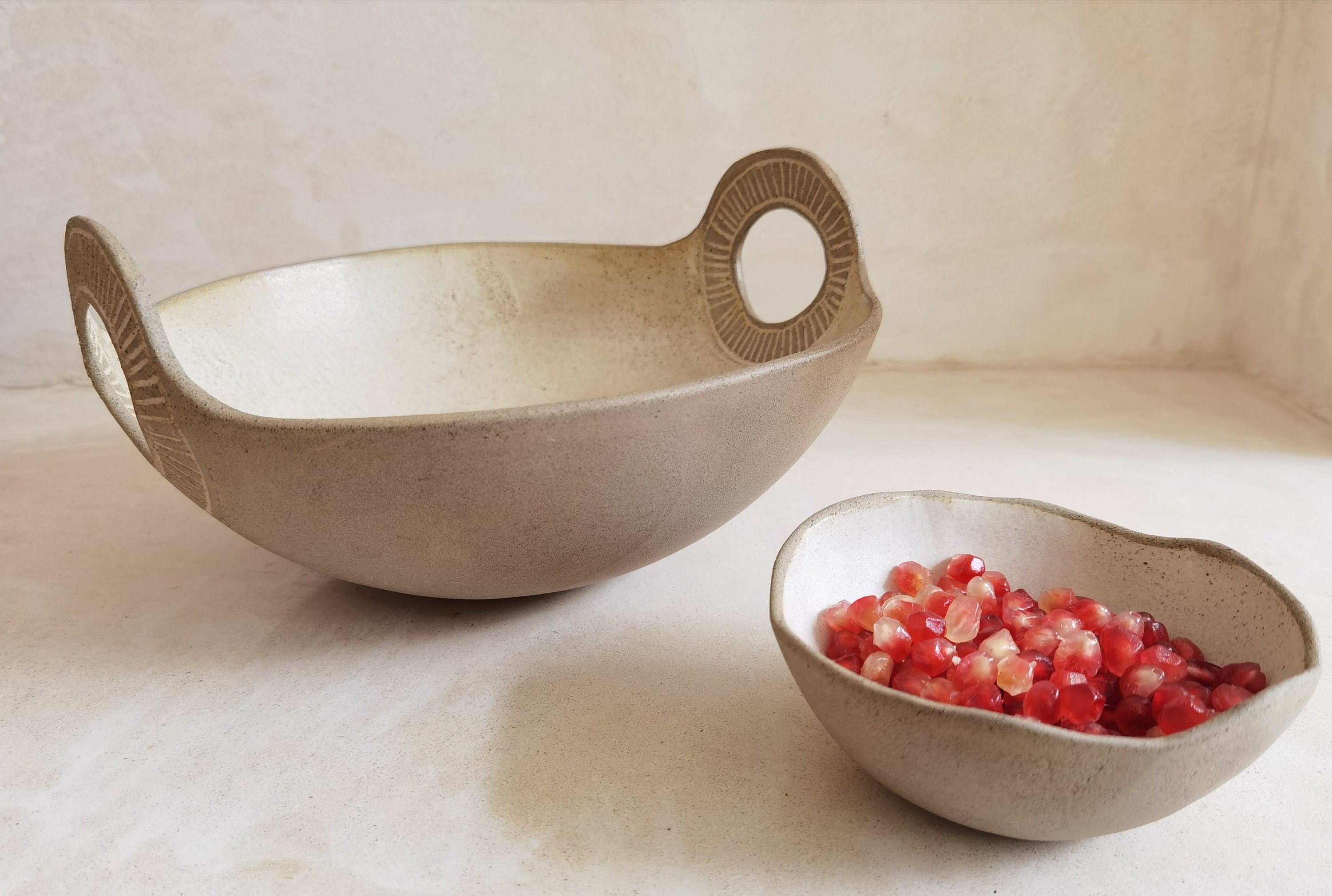 Engraved Ceramic Serving Bowl: Beige Glaze, Wide Handles