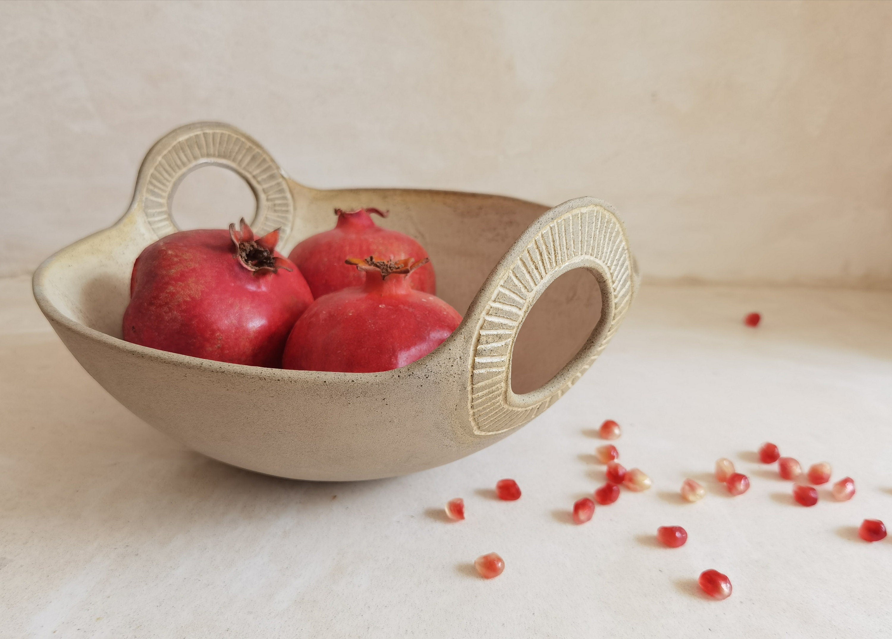 Engraved Ceramic Serving Bowl: Beige Glaze, Wide Handles