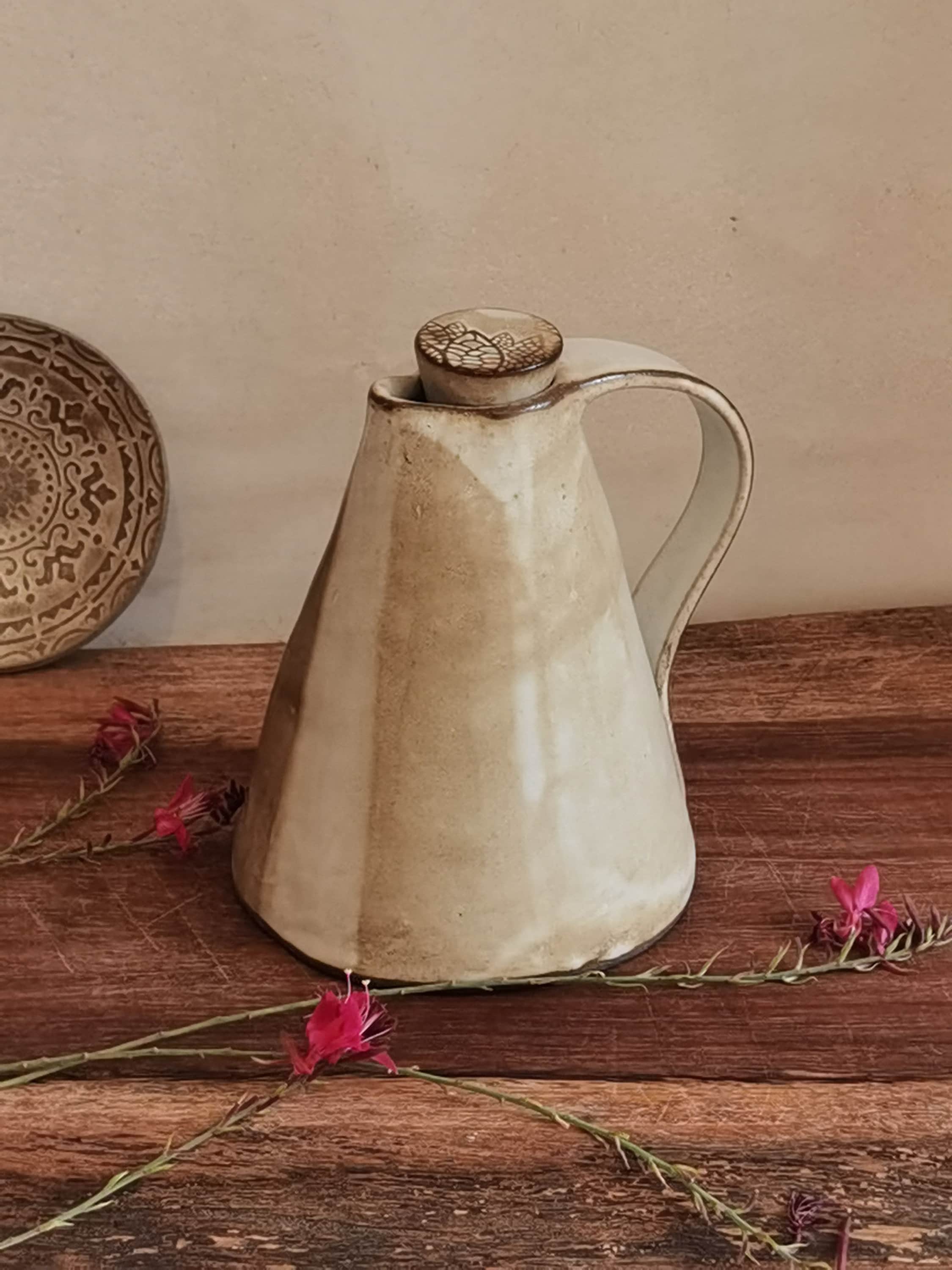 Handmade Ceramic Olive Oil Bottle: Rustic Pottery Kitchen Decor