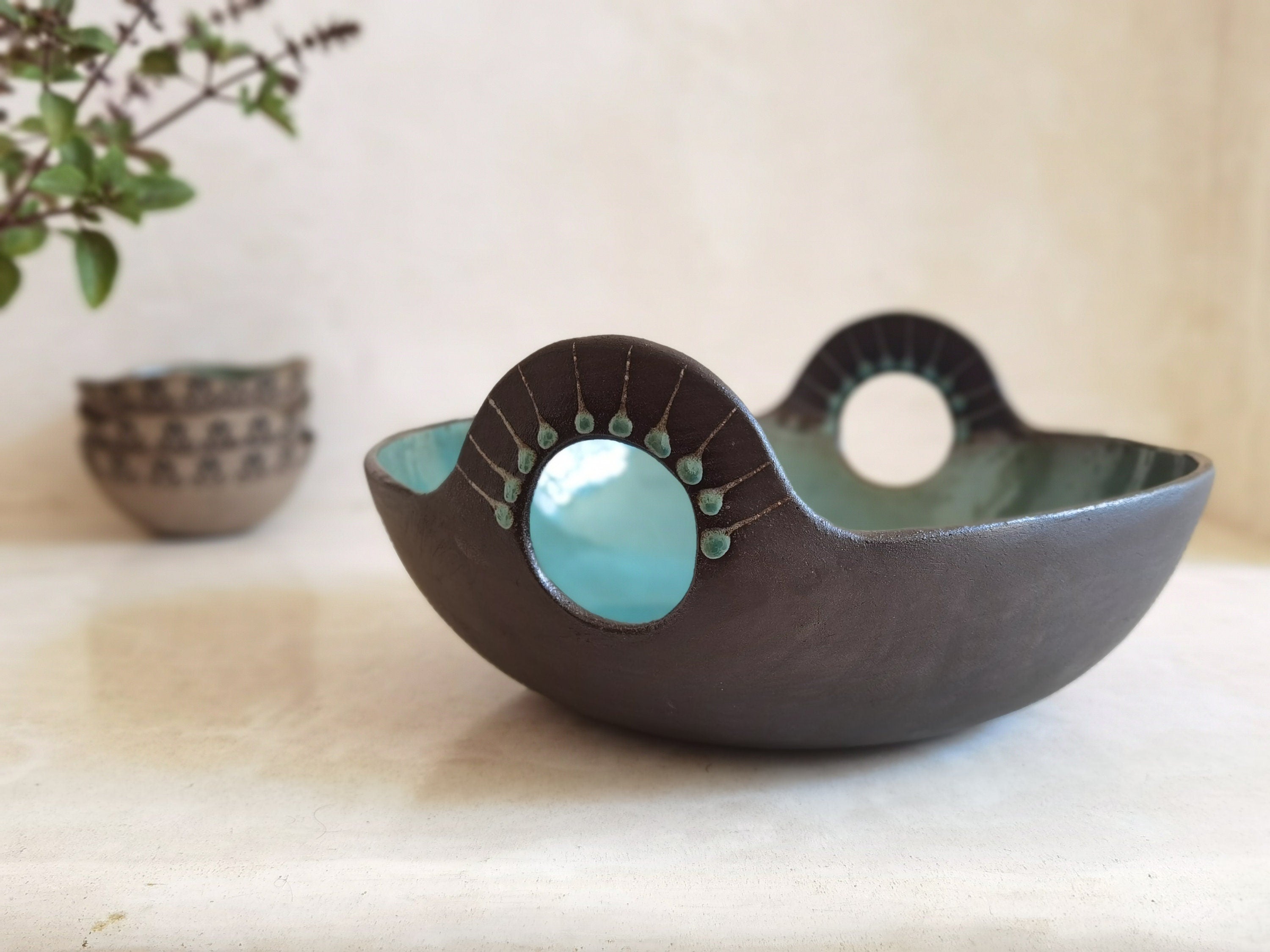 Hand-Painted Ceramic Serving Bowl: Turquoise Glaze, Engraved Handles