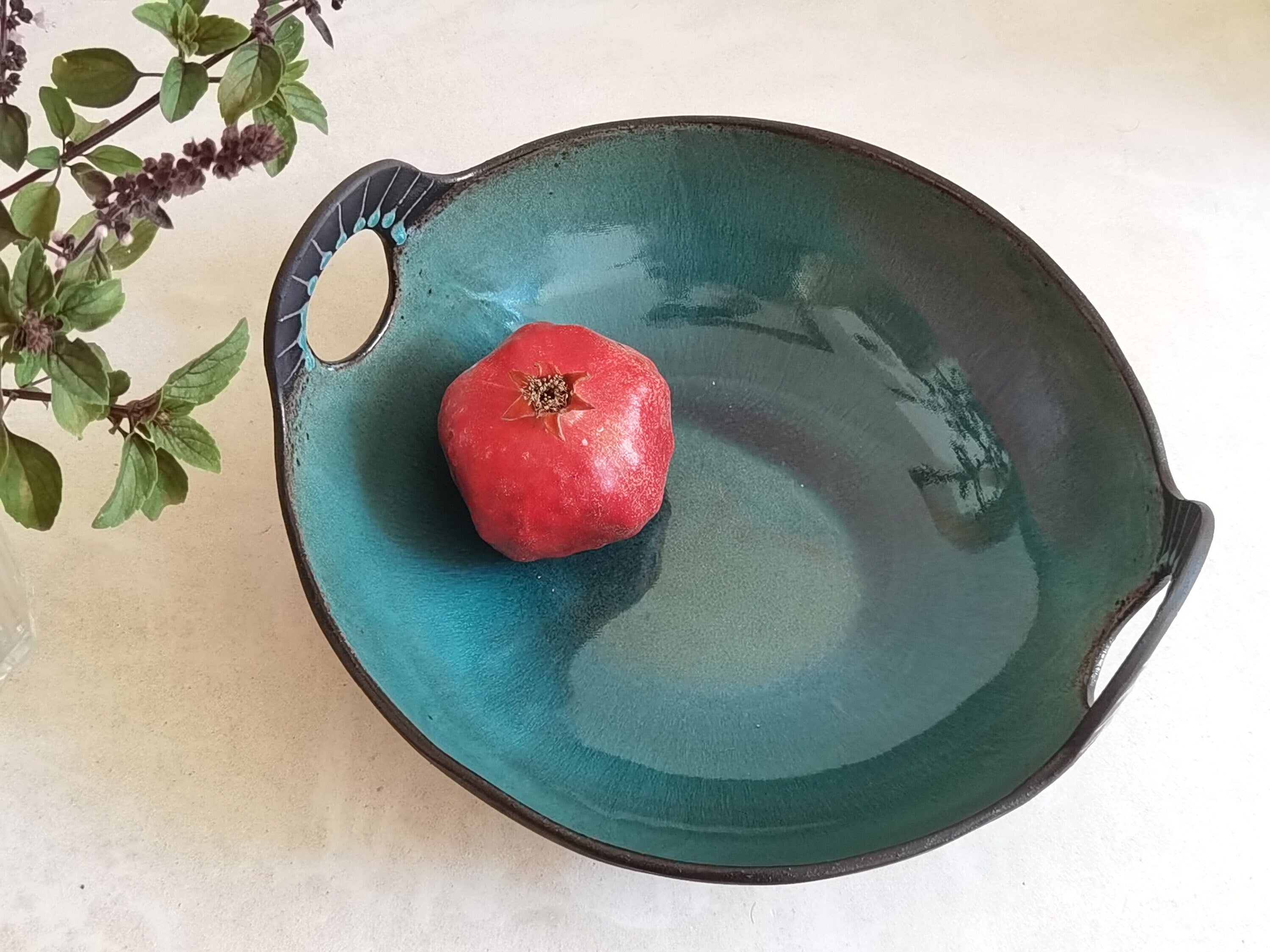 Hand-Painted Ceramic Serving Bowl: Turquoise Glaze, Engraved Handles