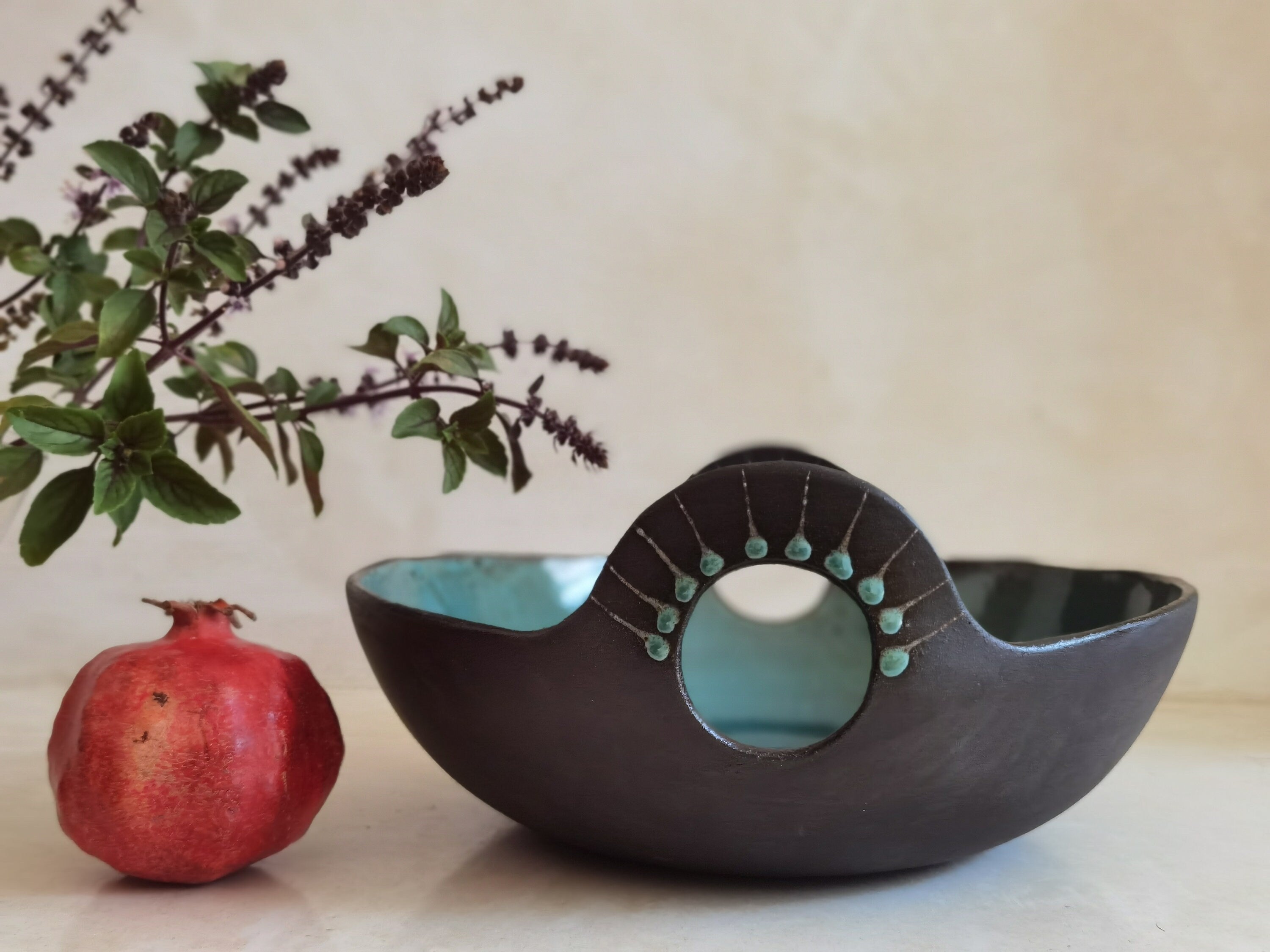 Hand-Painted Ceramic Serving Bowl: Turquoise Glaze, Engraved Handles