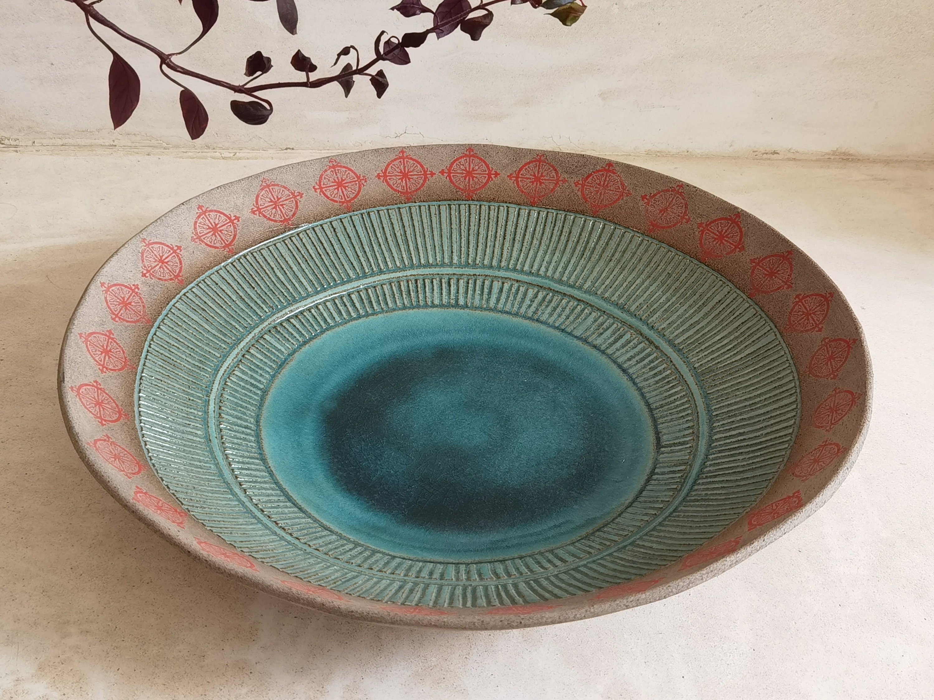 Large Ceramic Salad Bowl: Turquoise Glaze, Red Print, Rustic Serving Dish
