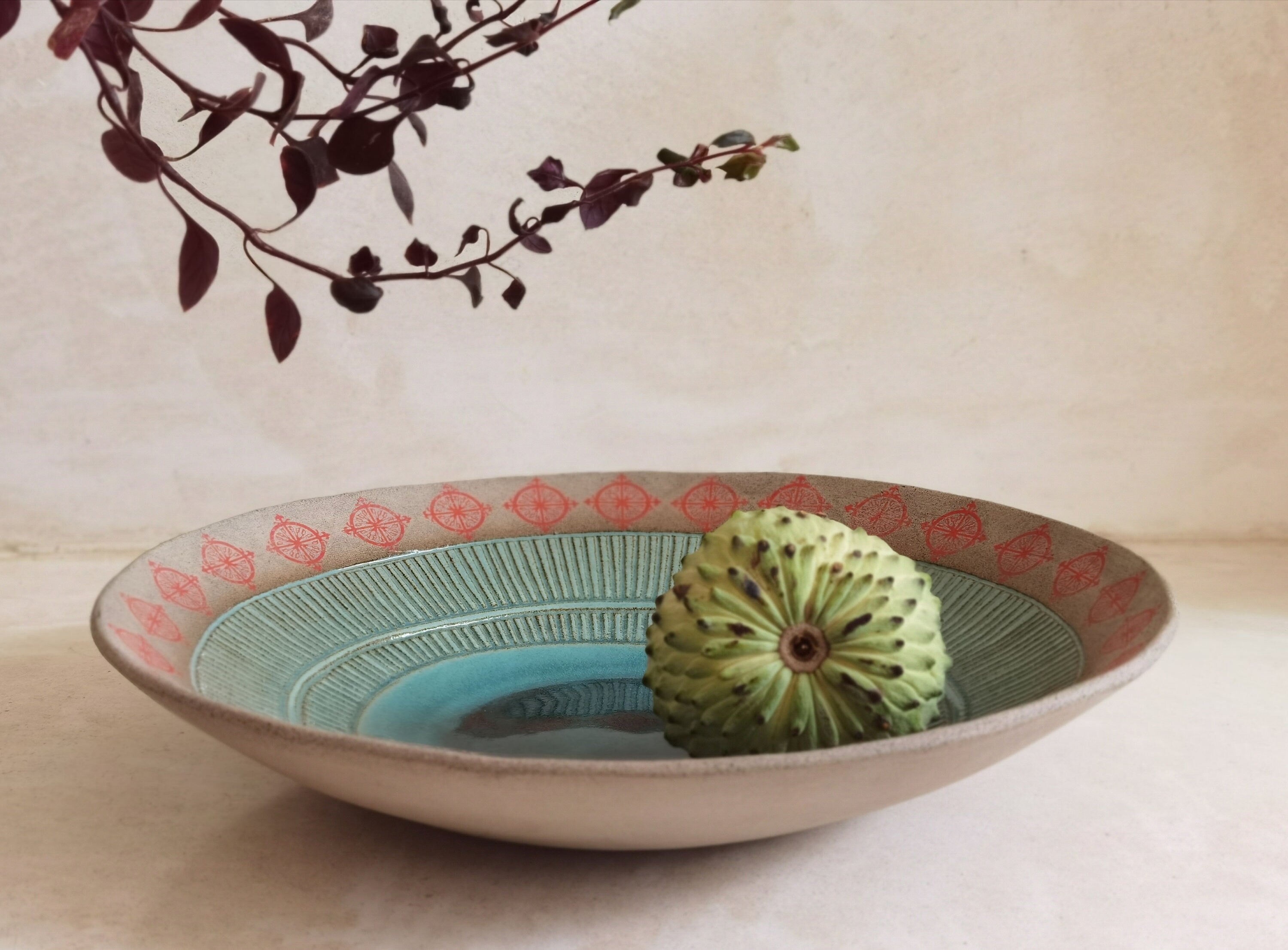 Large Ceramic Salad Bowl: Turquoise Glaze, Red Print, Rustic Serving Dish