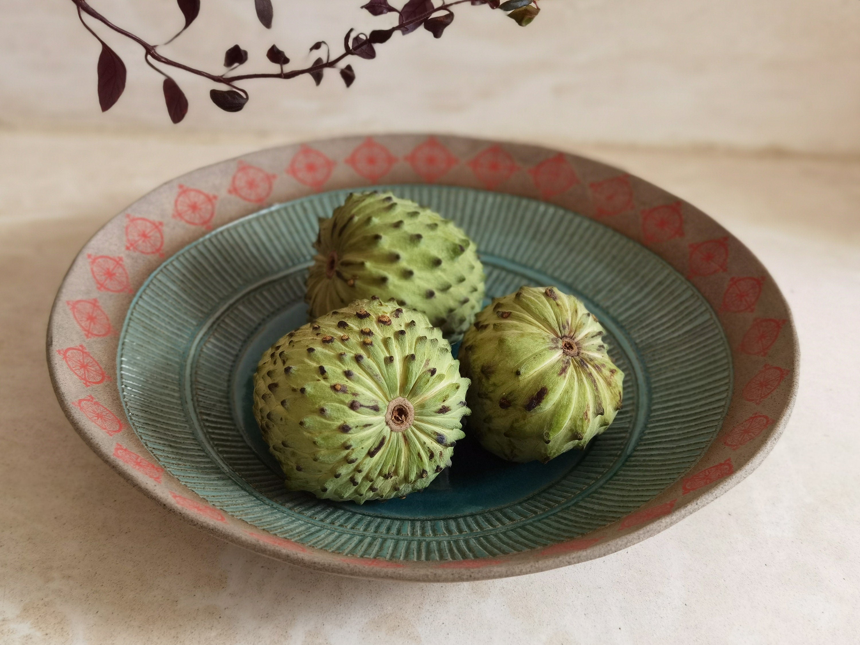 Large Ceramic Salad Bowl: Turquoise Glaze, Red Print, Rustic Serving Dish