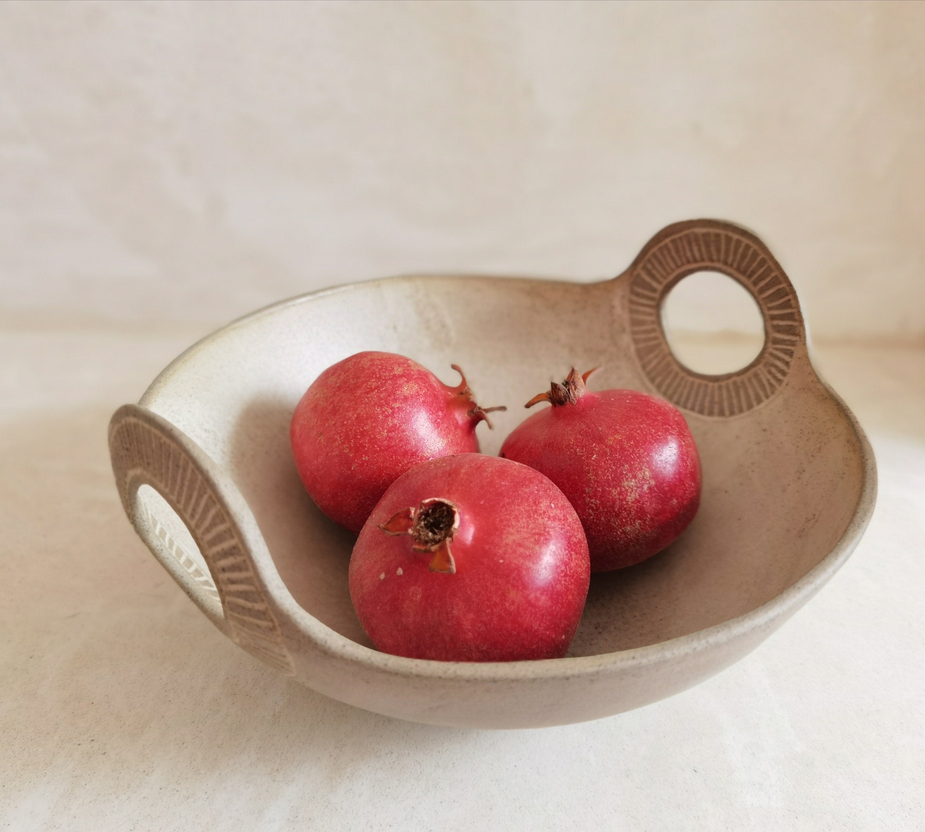 Engraved Ceramic Serving Bowl: Beige Glaze, Wide Handles