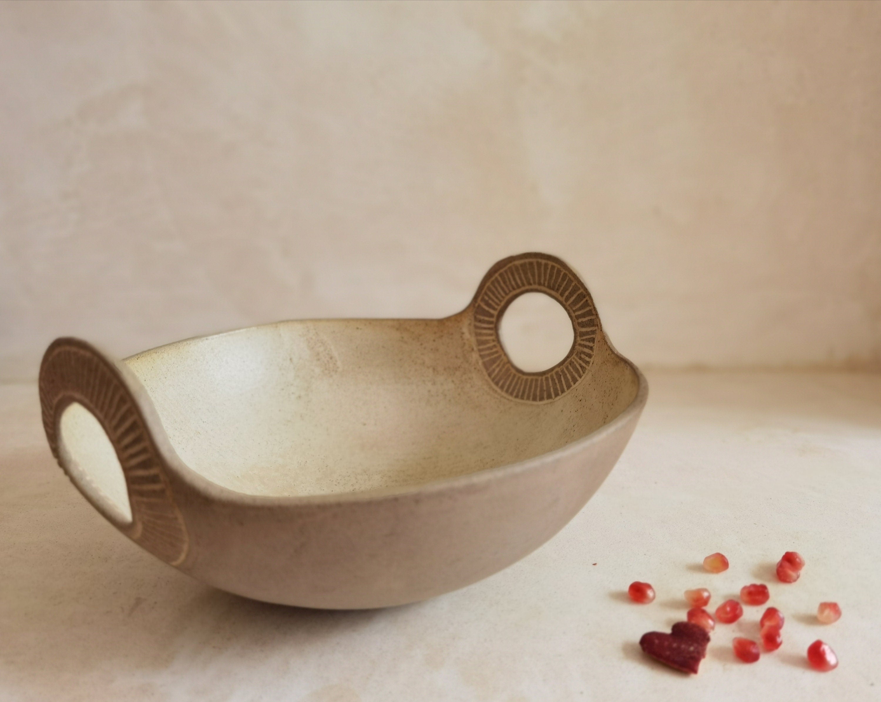 Engraved Ceramic Serving Bowl: Beige Glaze, Wide Handles
