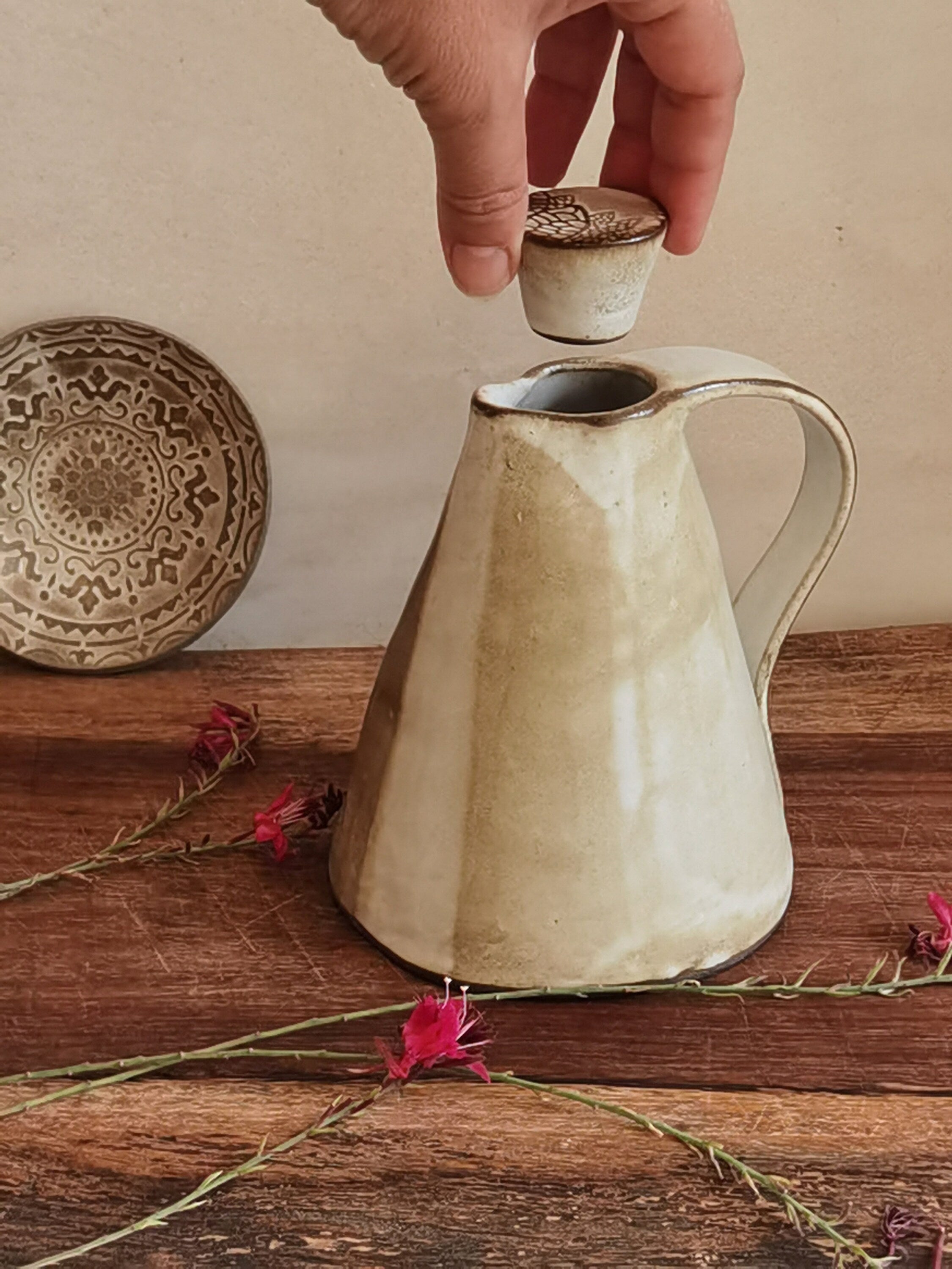 Handmade Ceramic Olive Oil Bottle: Rustic Pottery Kitchen Decor