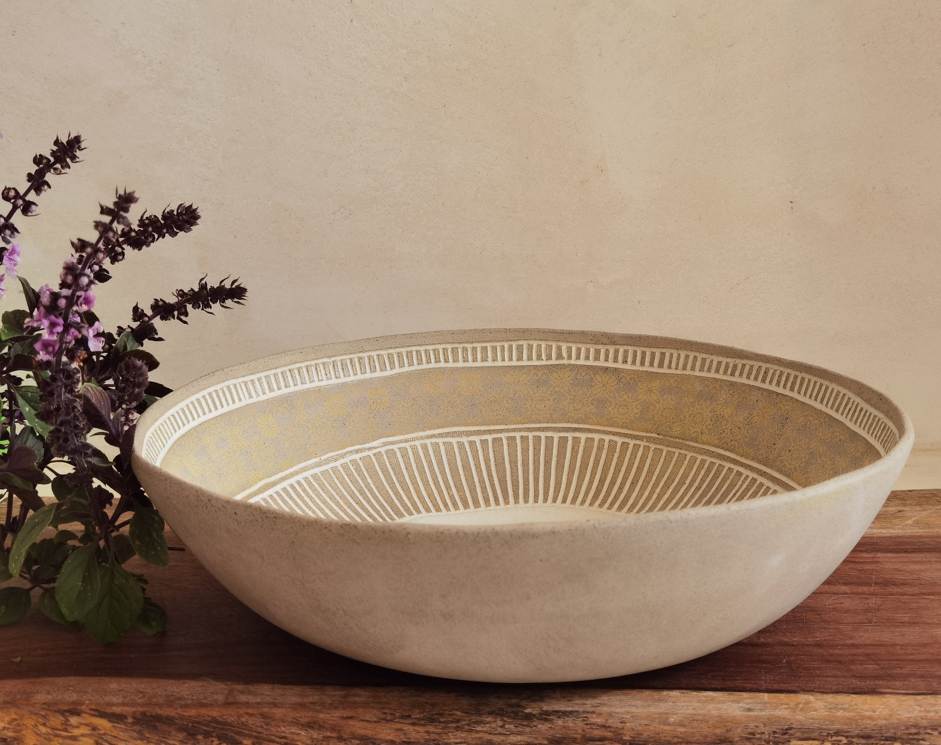 Large Ceramic Serving Bowl: Handmade Engraved Clay Dish (11.4"x3.5")