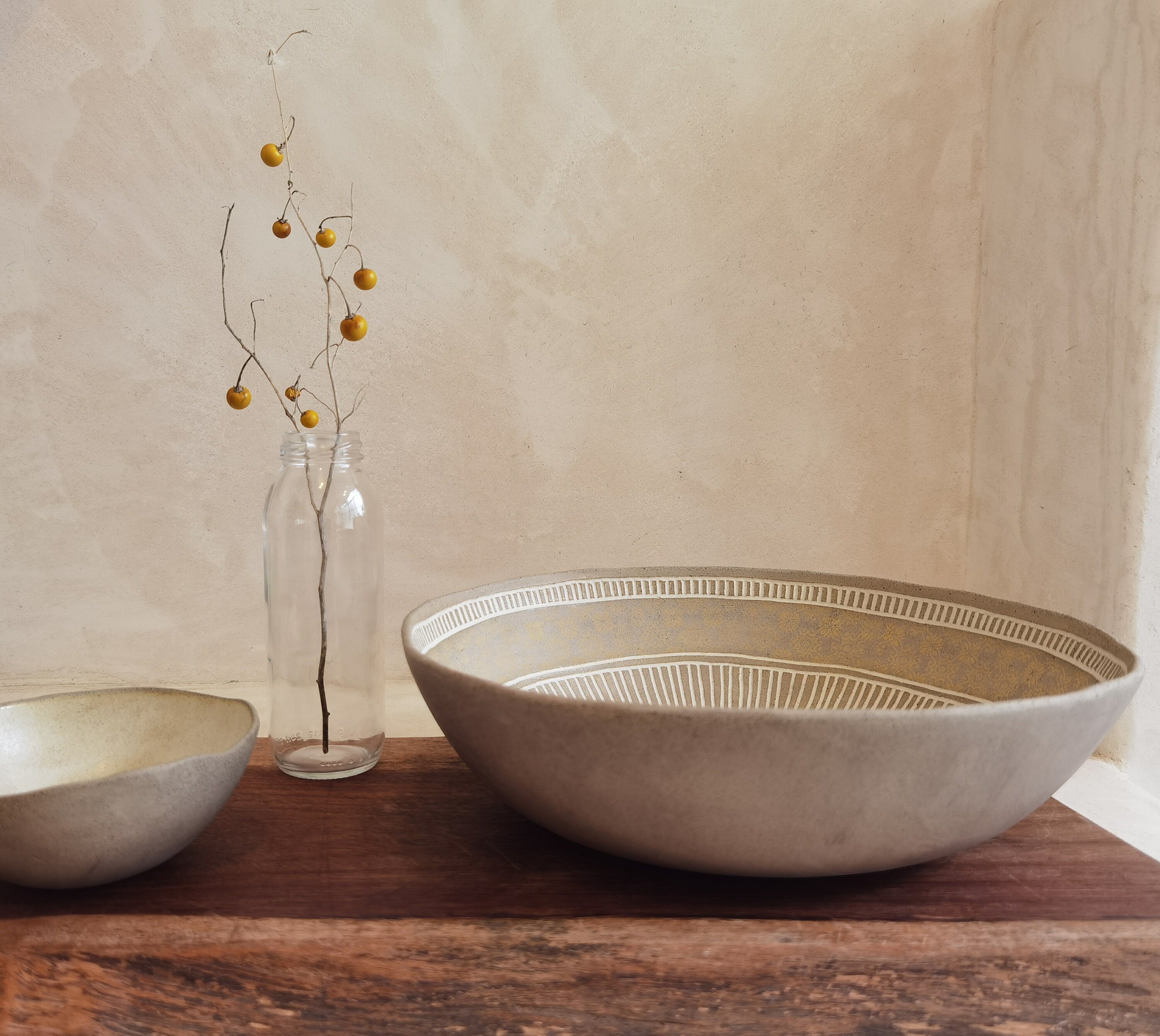 Large Ceramic Serving Bowl: Handmade Engraved Clay Dish (11.4"x3.5")