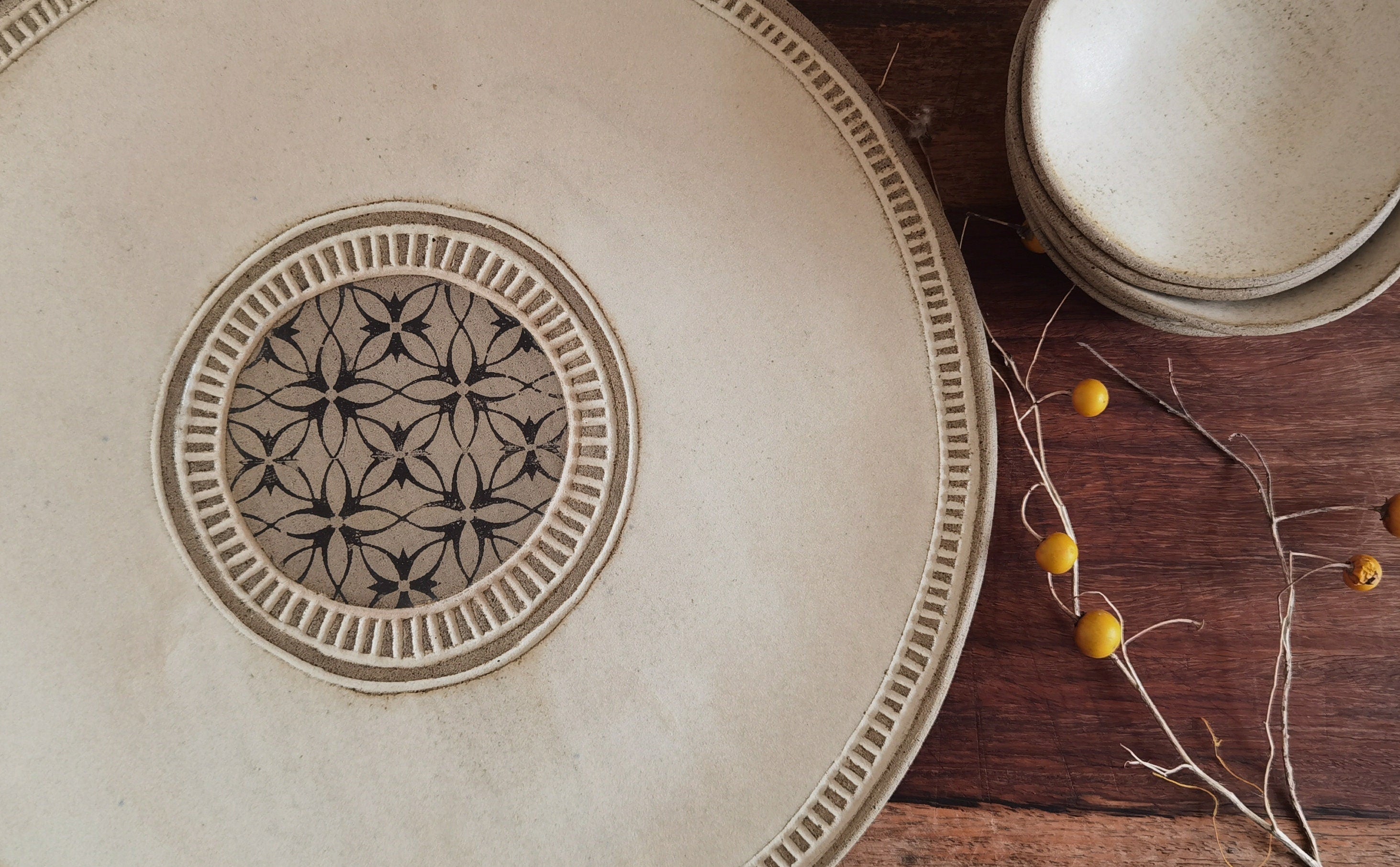 Passover Plate with 6 Small plates ,Beige glazed with black prints.