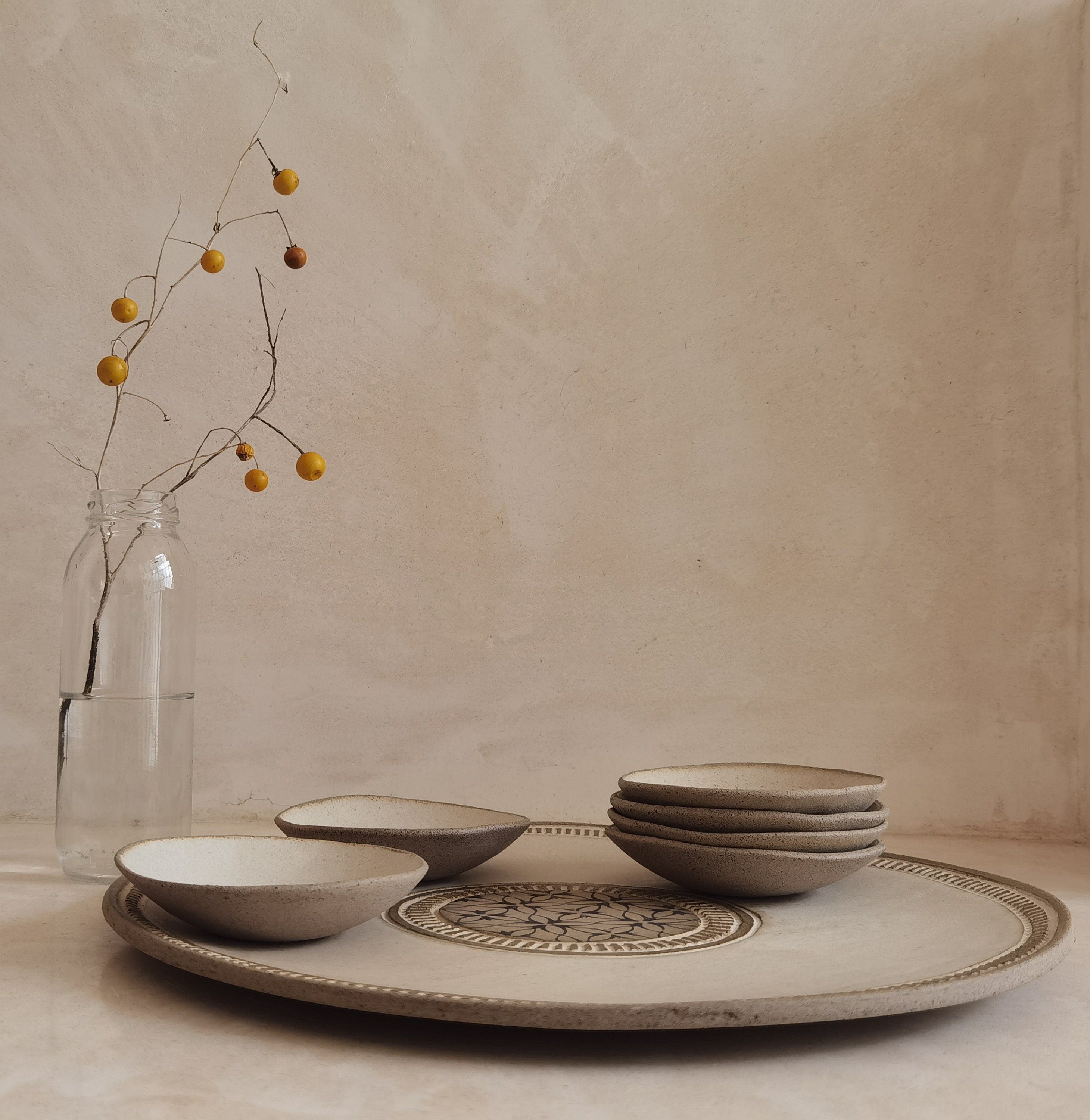 Passover Plate with 6 Small plates ,Beige glazed with black prints.