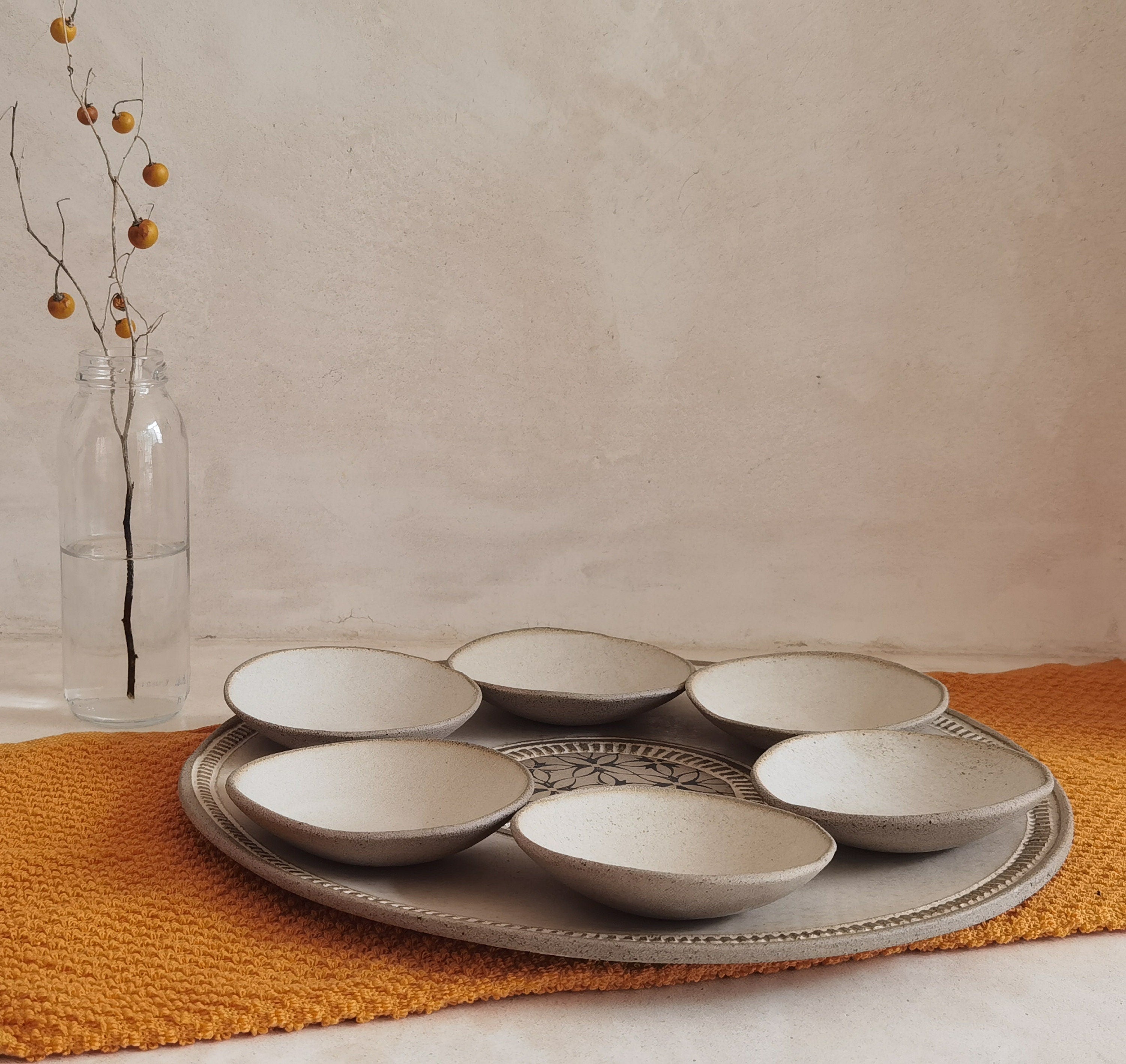 Passover Plate with 6 Small plates ,Beige glazed with black prints.