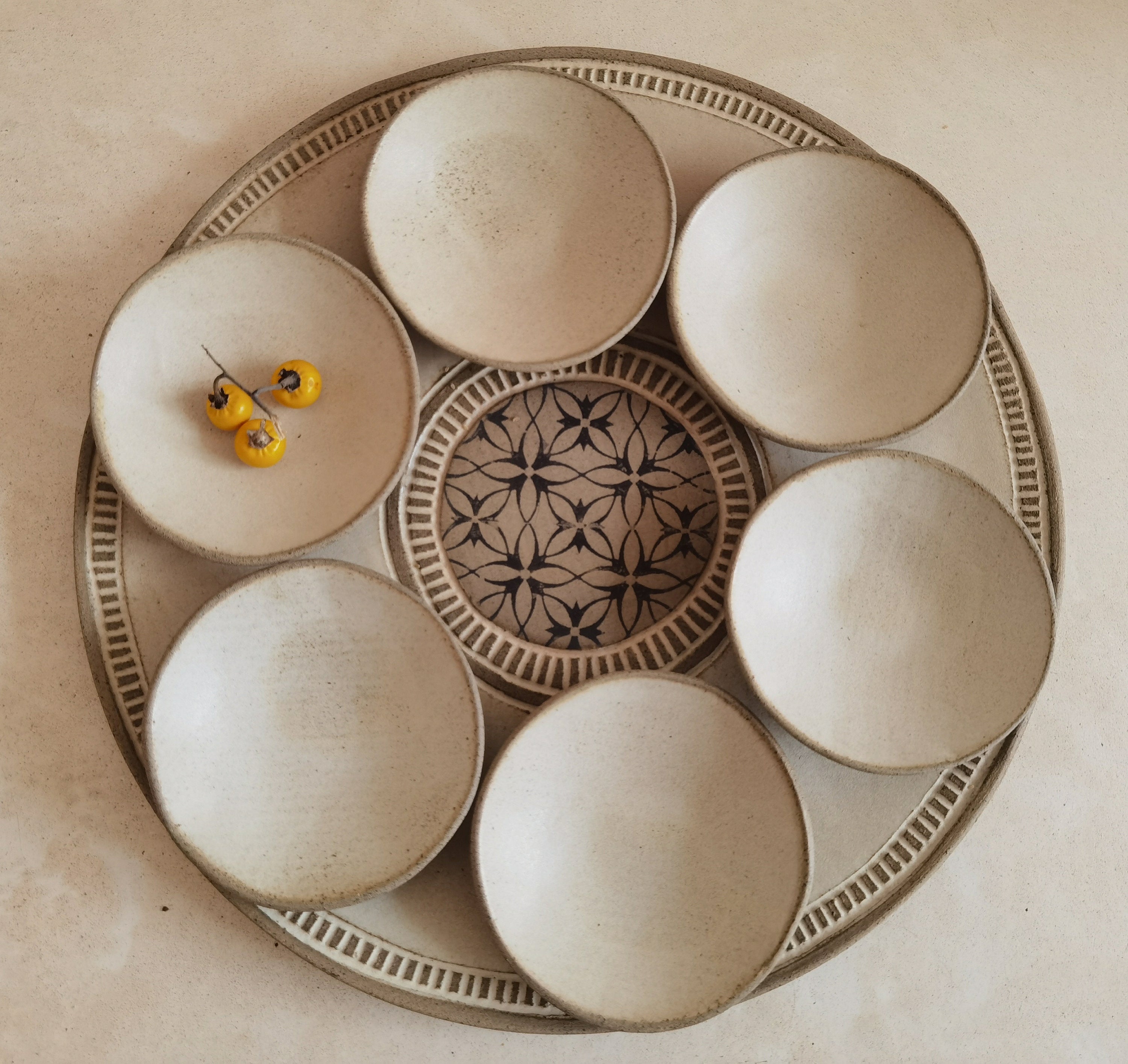 Passover Plate with 6 Small plates ,Beige glazed with black prints.