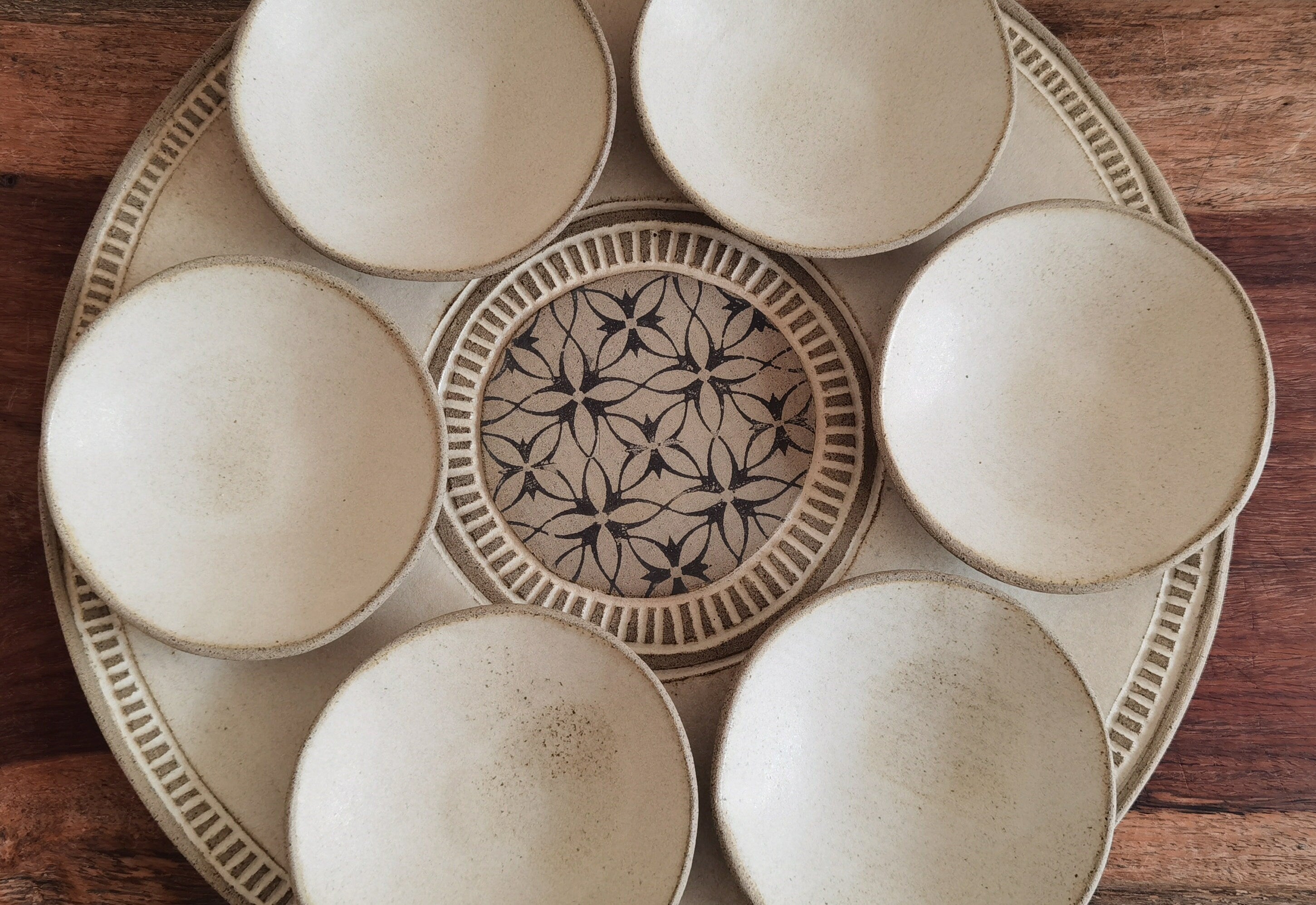 Passover Plate with 6 Small plates ,Beige glazed with black prints.