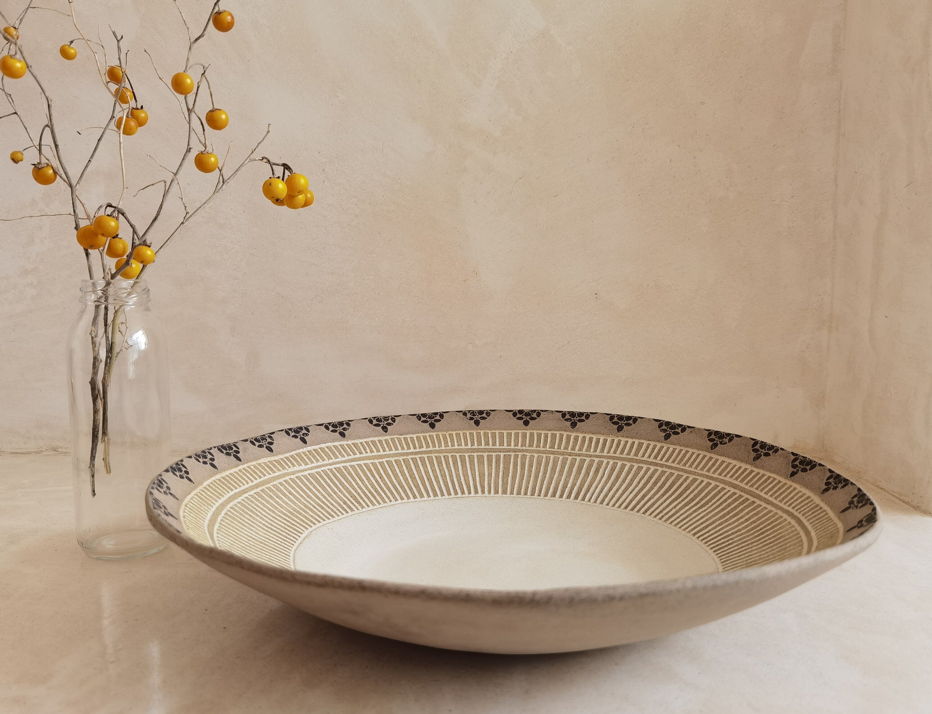 Large Ceramic Serving Bowl: Modern Beige Glaze with Black Print (12.9 inch)