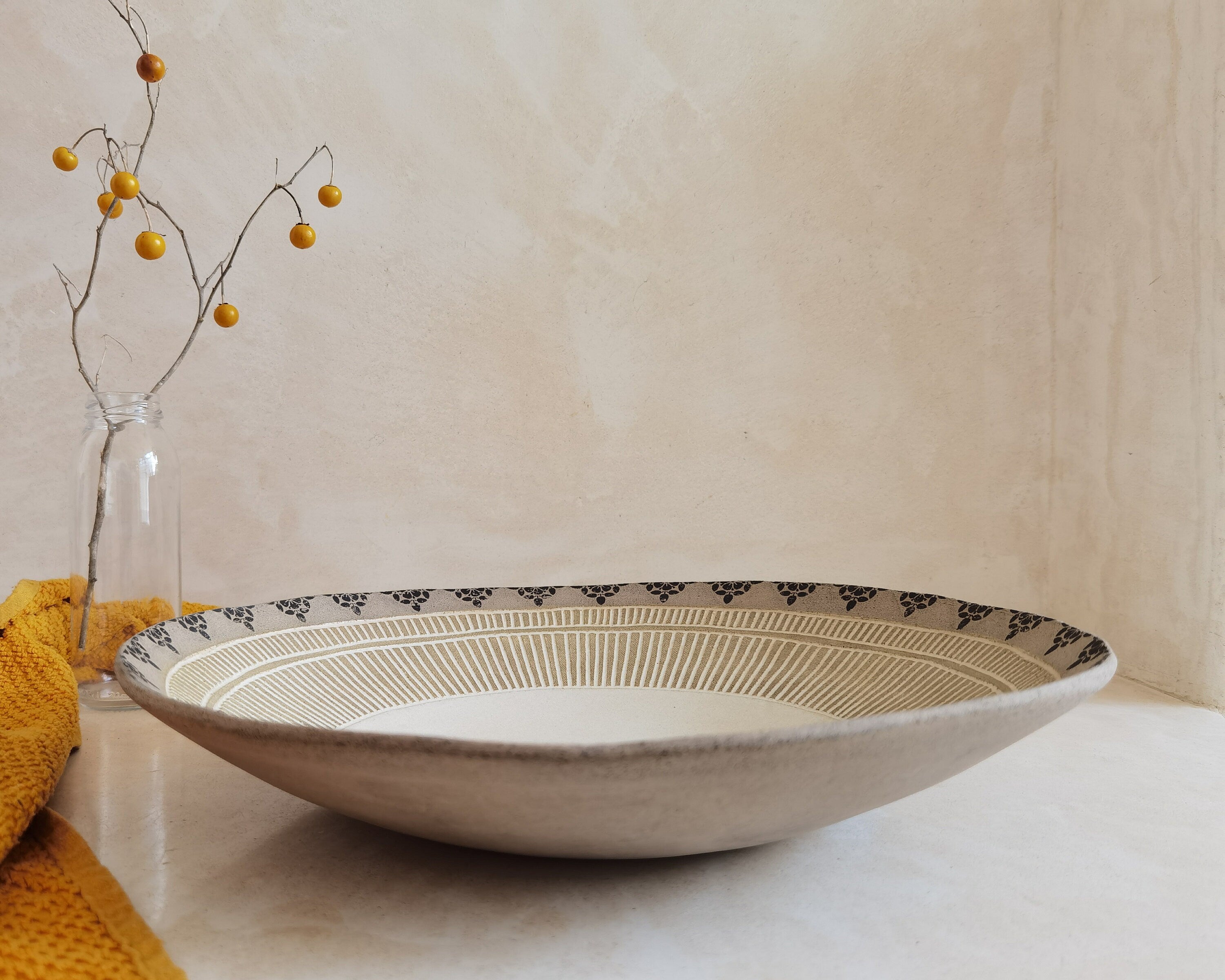 Large Ceramic Serving Bowl: Modern Beige Glaze with Black Print (12.9 inch)