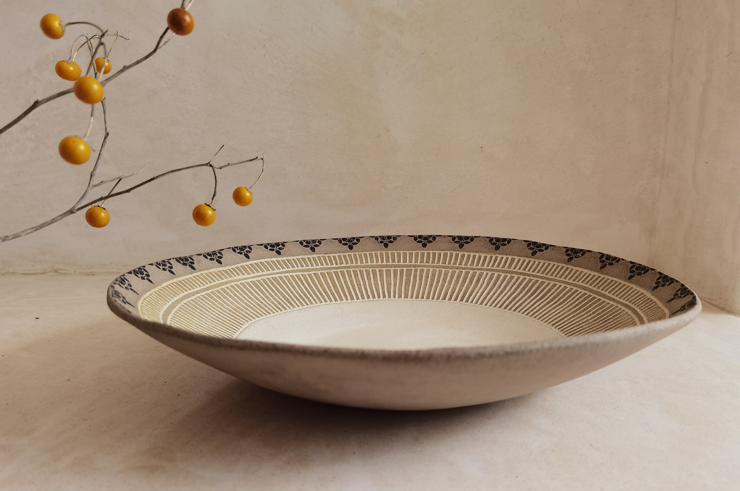 Large Ceramic Serving Bowl: Modern Beige Glaze with Black Print (12.9 inch)