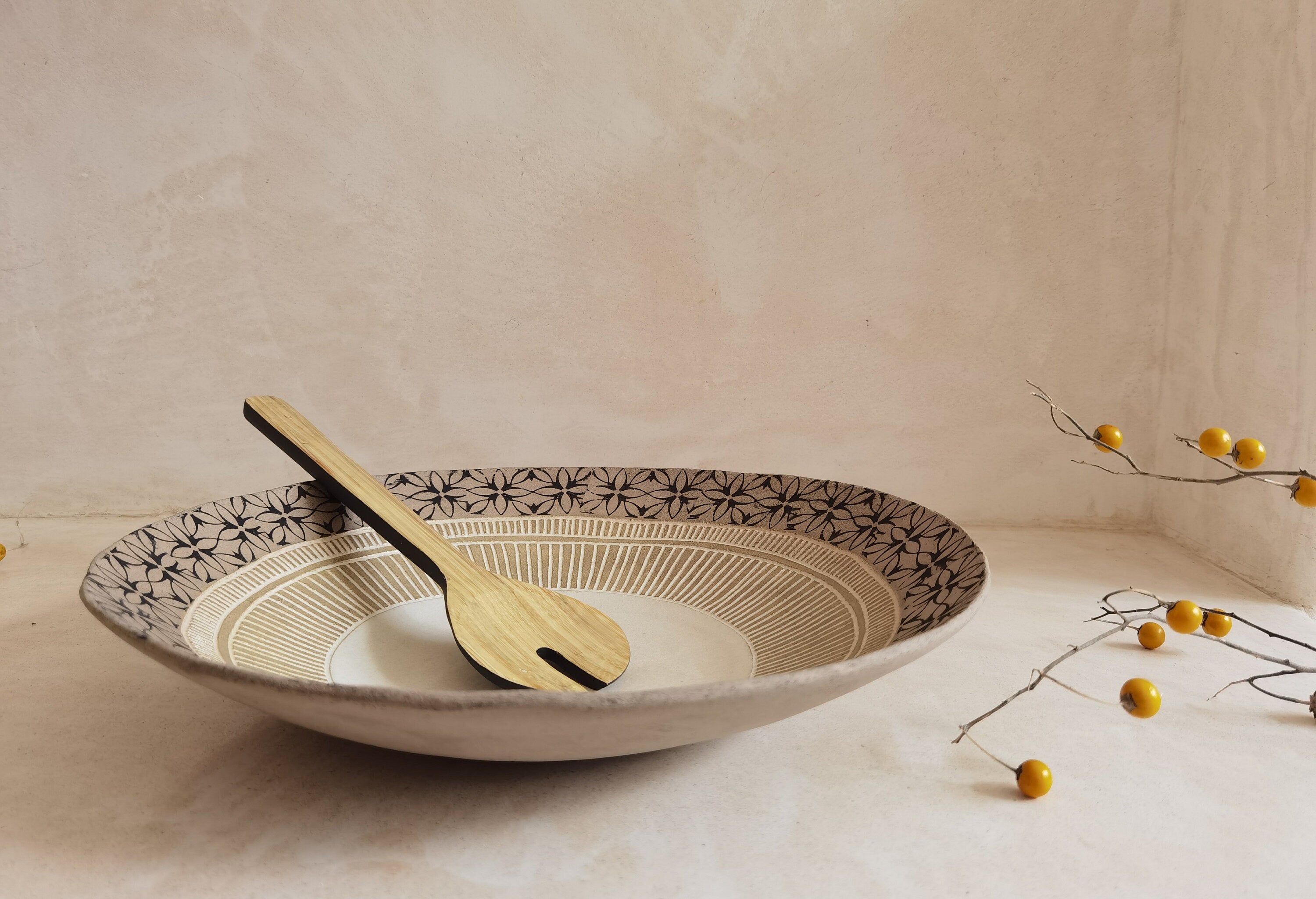 Handmade Gray Clay Pottery Bowl: Large Decorative Serving Dish