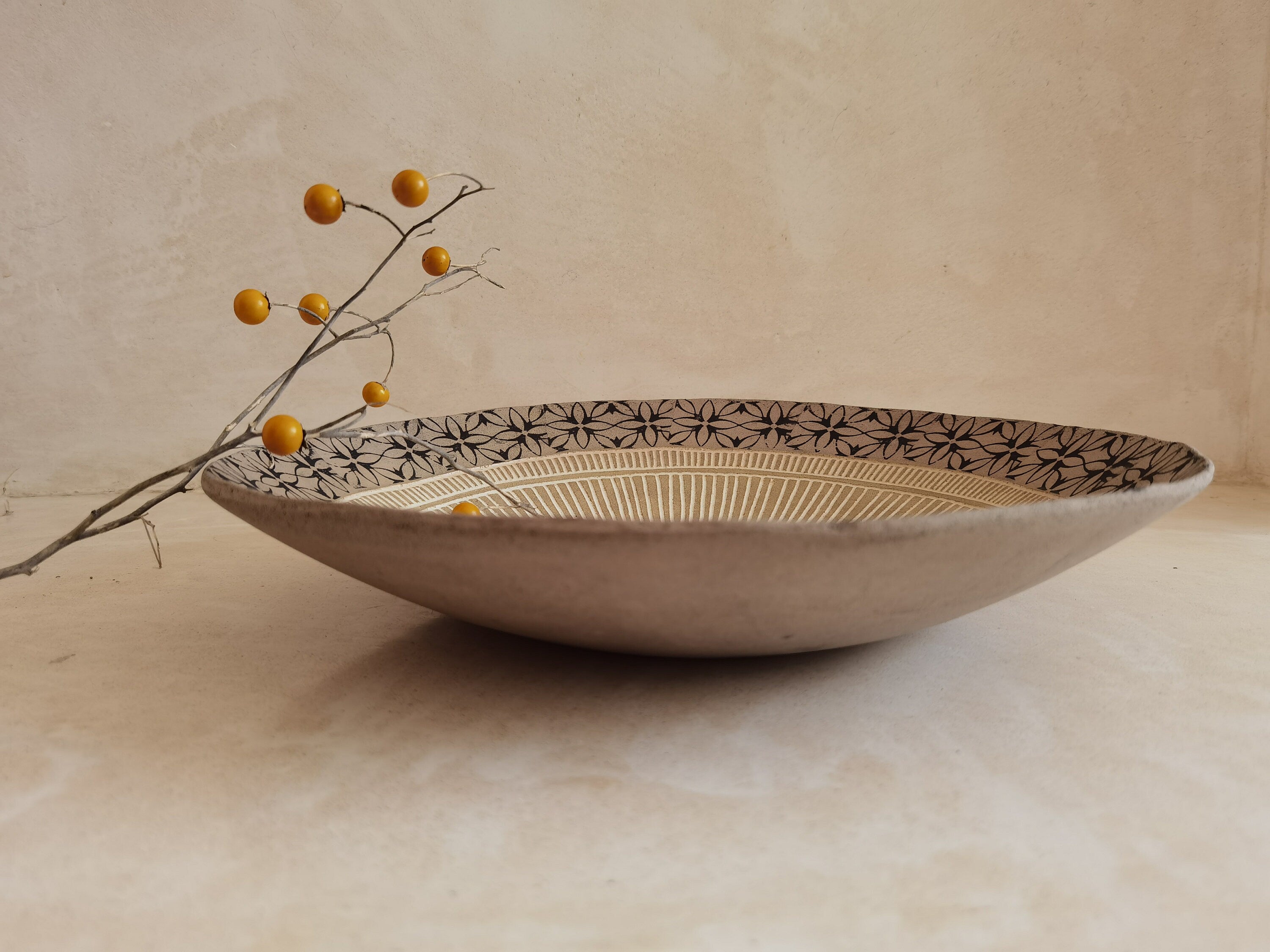 Handmade Gray Clay Pottery Bowl: Large Decorative Serving Dish