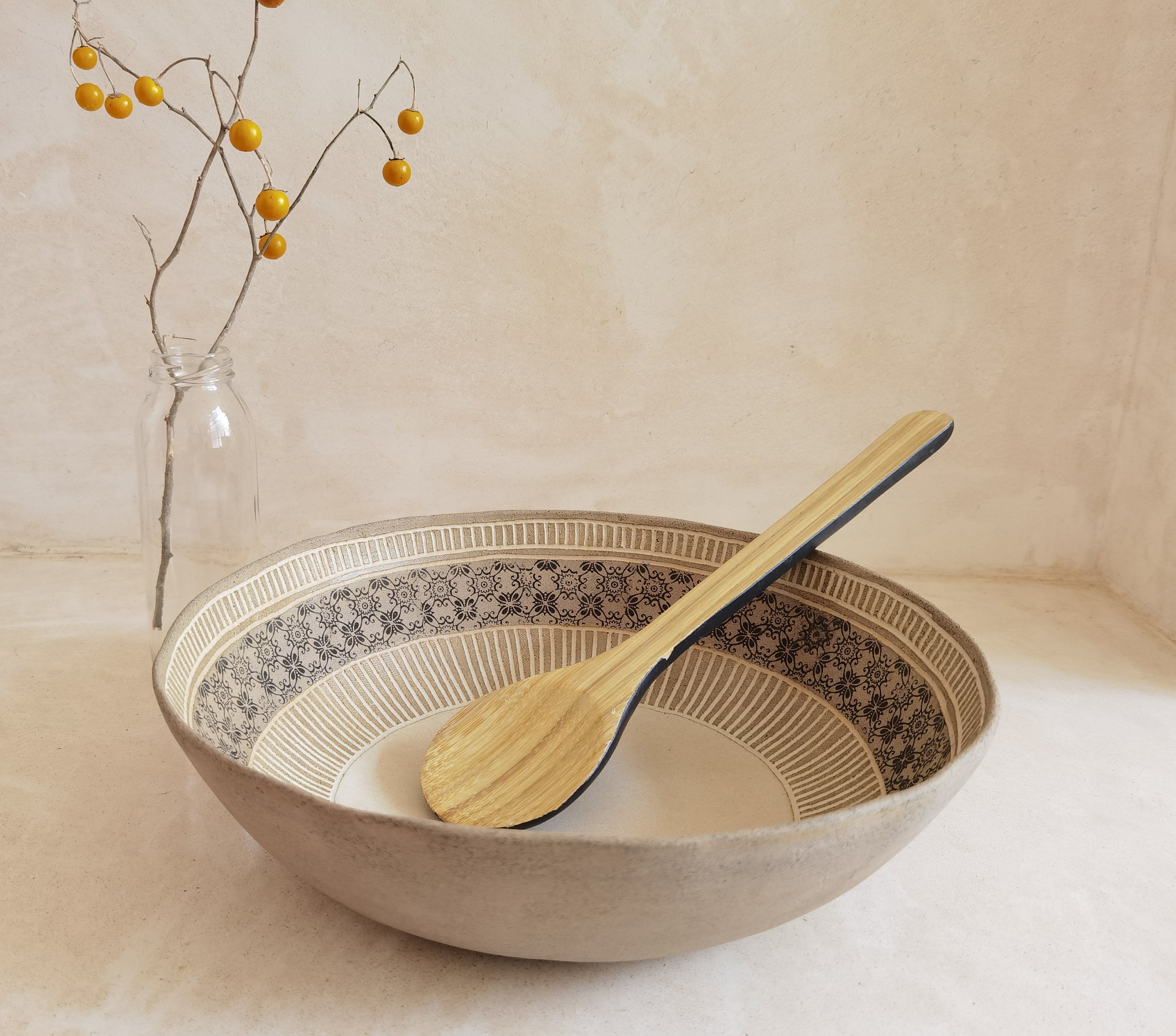 Large Ceramic Serving Bowl: Handmade Engraved Stoneware