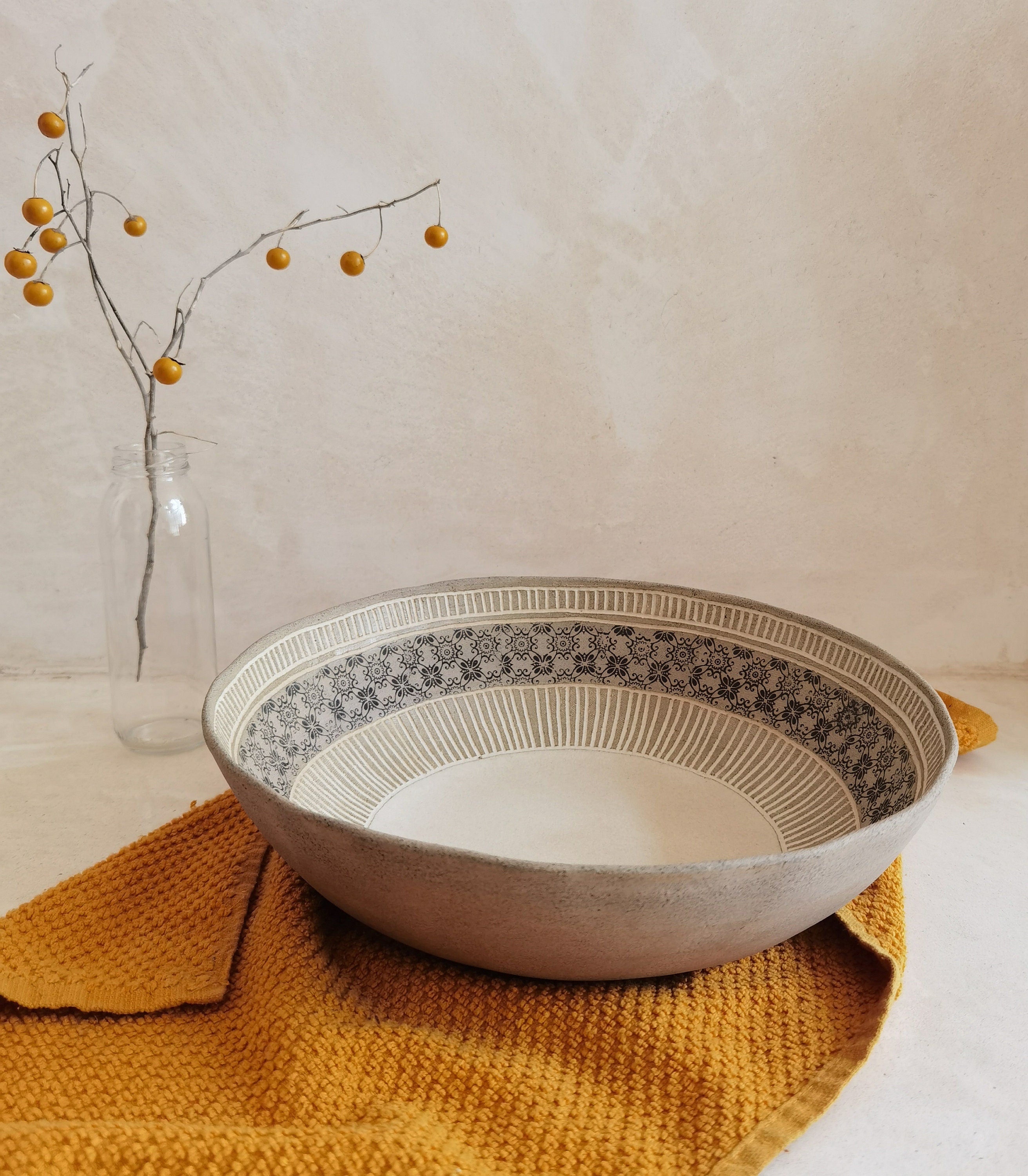 Large Ceramic Serving Bowl: Handmade Engraved Stoneware
