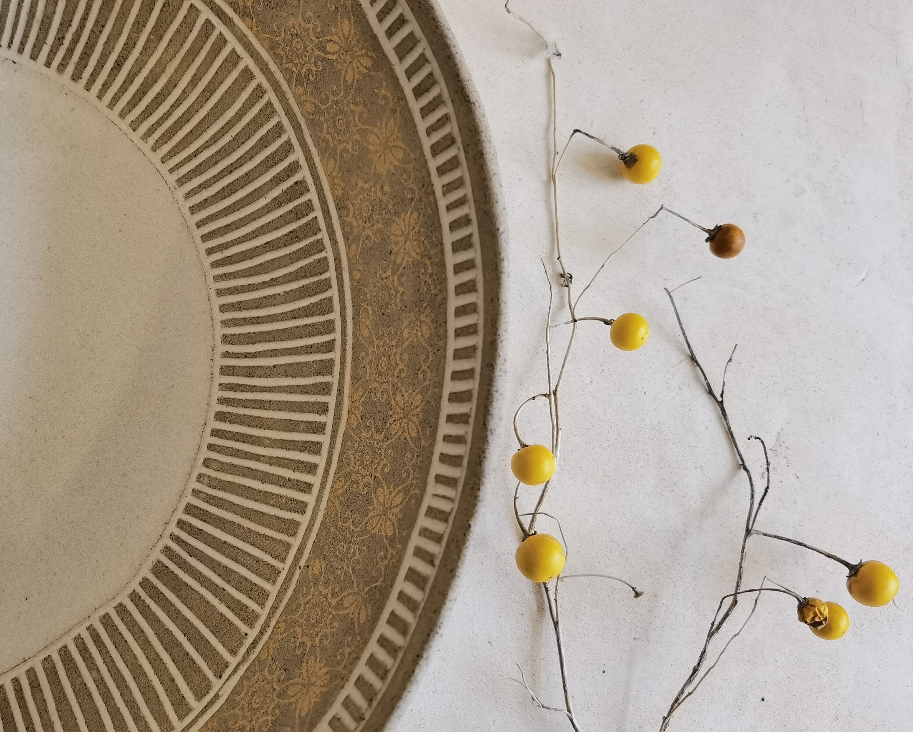 Large Ceramic Serving Bowl: Handmade Engraved Clay Dish (11.4"x3.5")