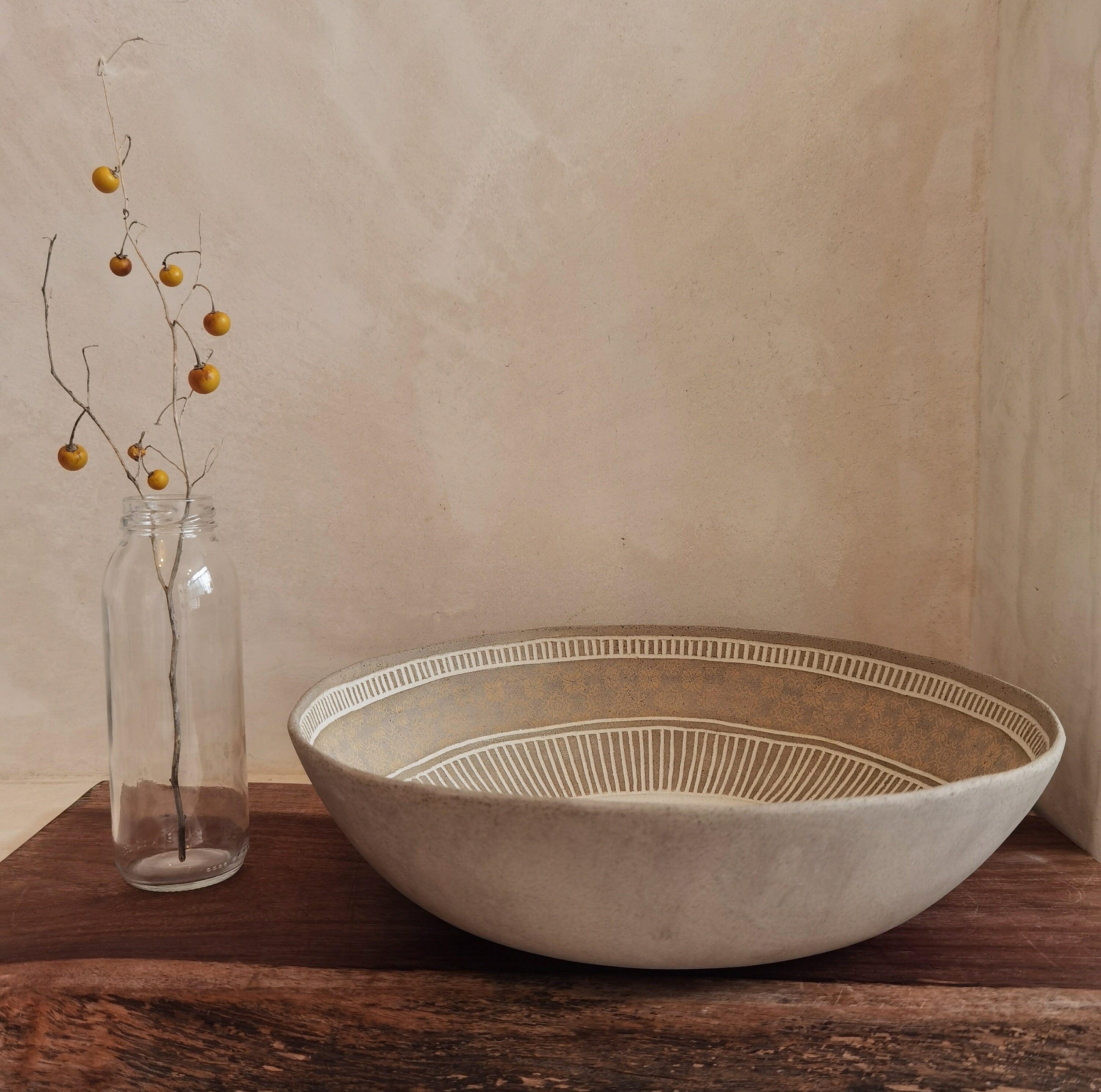 Large Ceramic Serving Bowl: Handmade Engraved Clay Dish (11.4"x3.5")