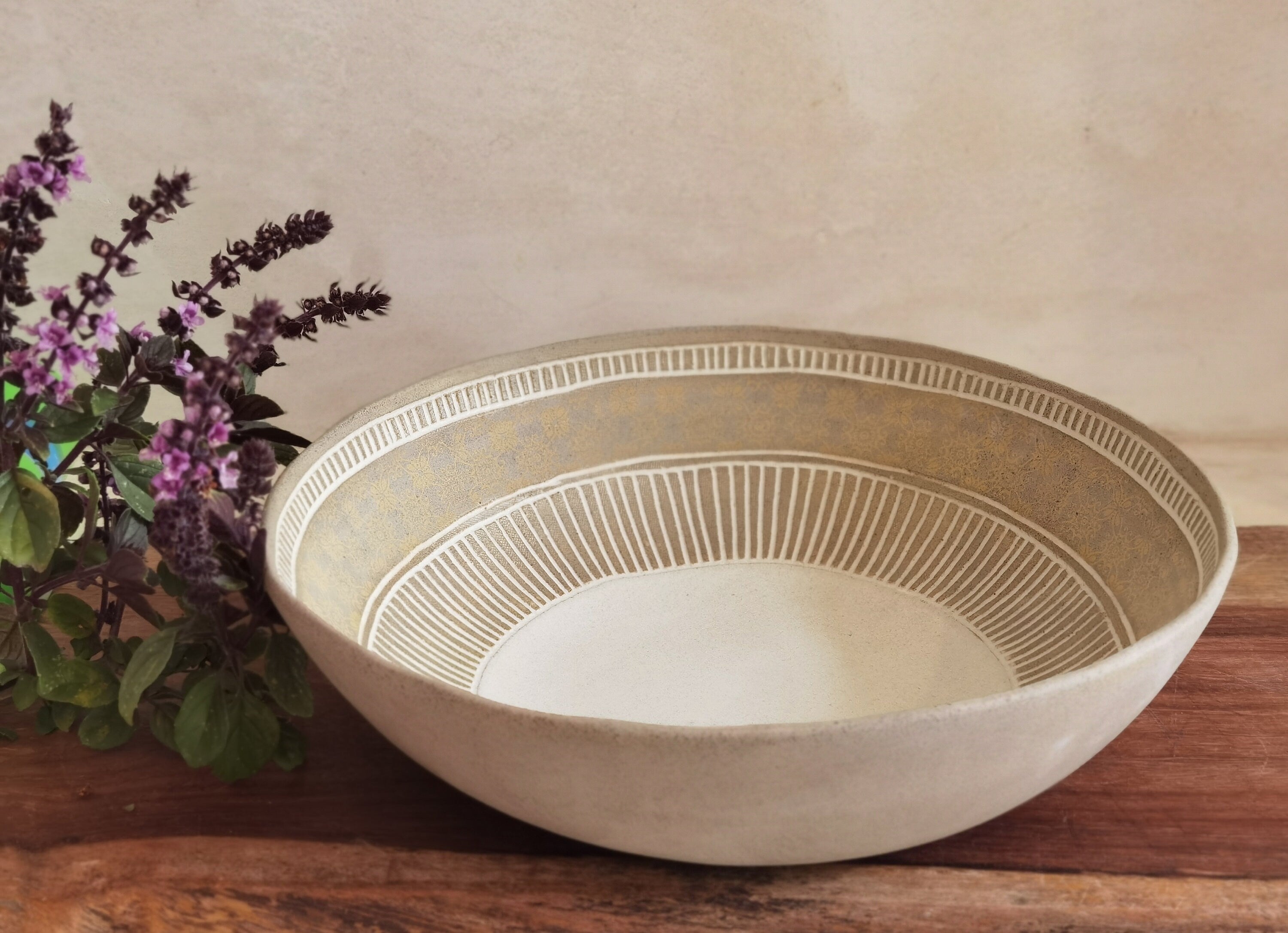 Large Ceramic Serving Bowl: Handmade Engraved Clay Dish (11.4"x3.5")