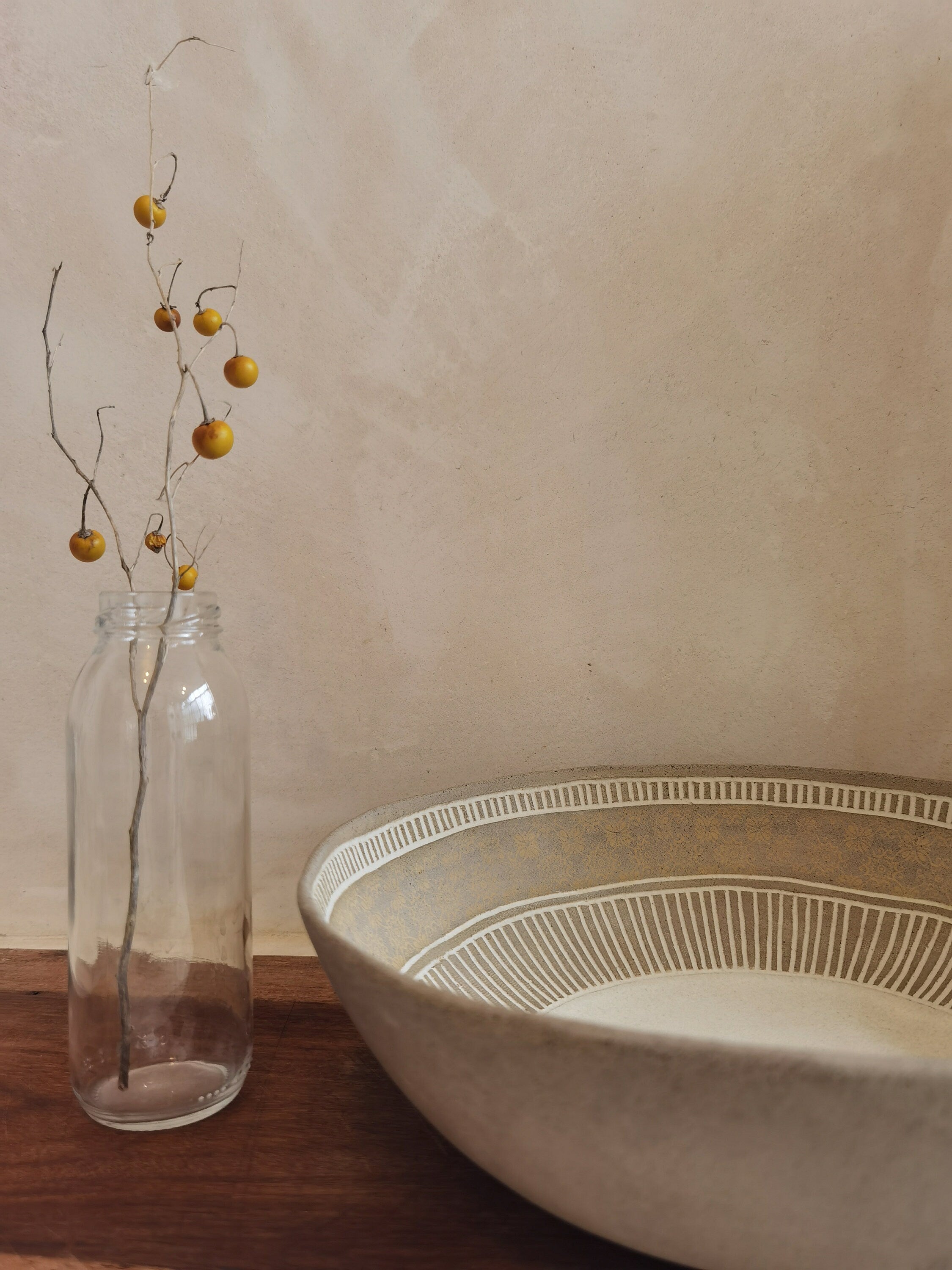 Large Ceramic Serving Bowl: Handmade Engraved Clay Dish (11.4"x3.5")