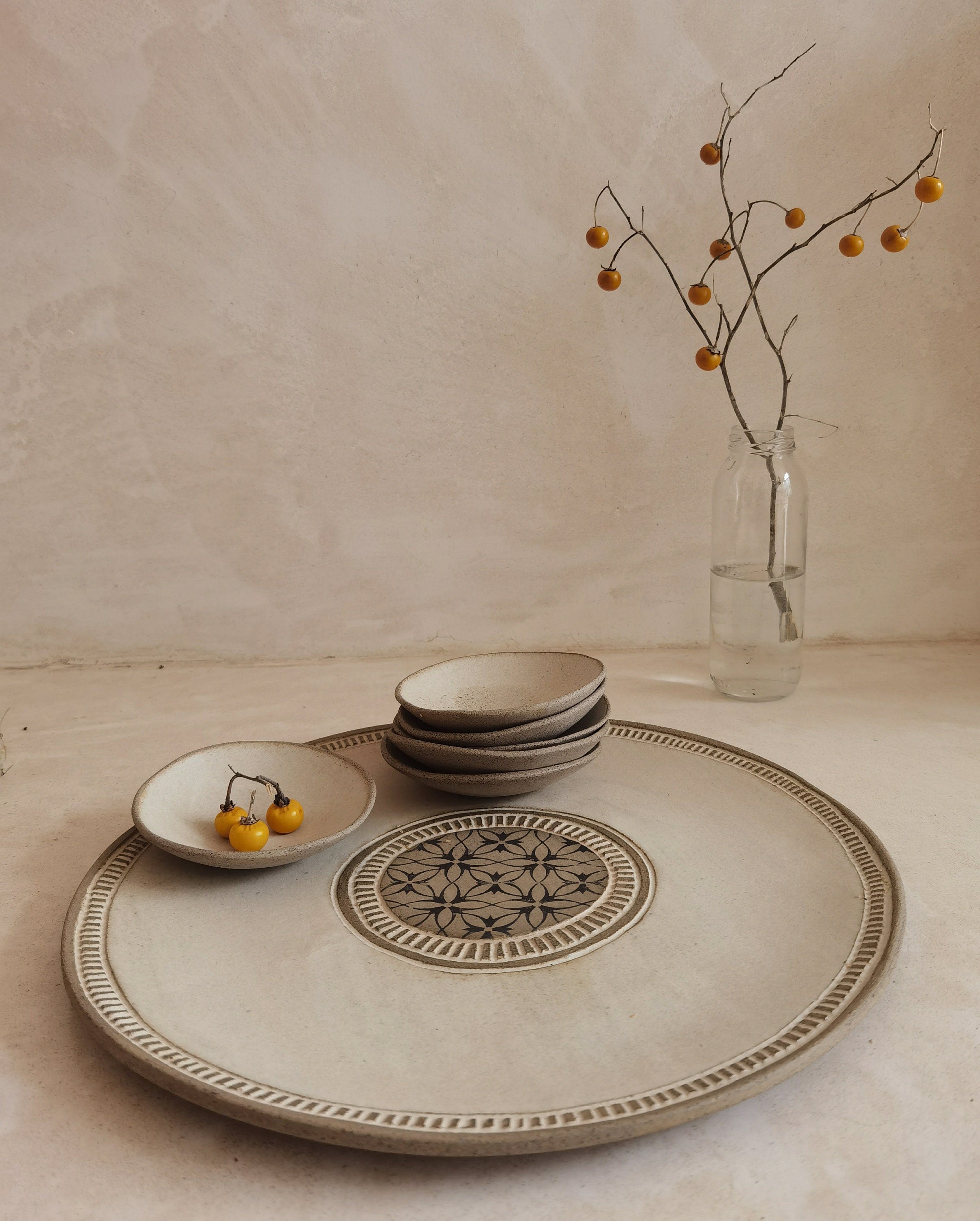 Passover Plate with 6 Small plates ,Beige glazed with black prints.