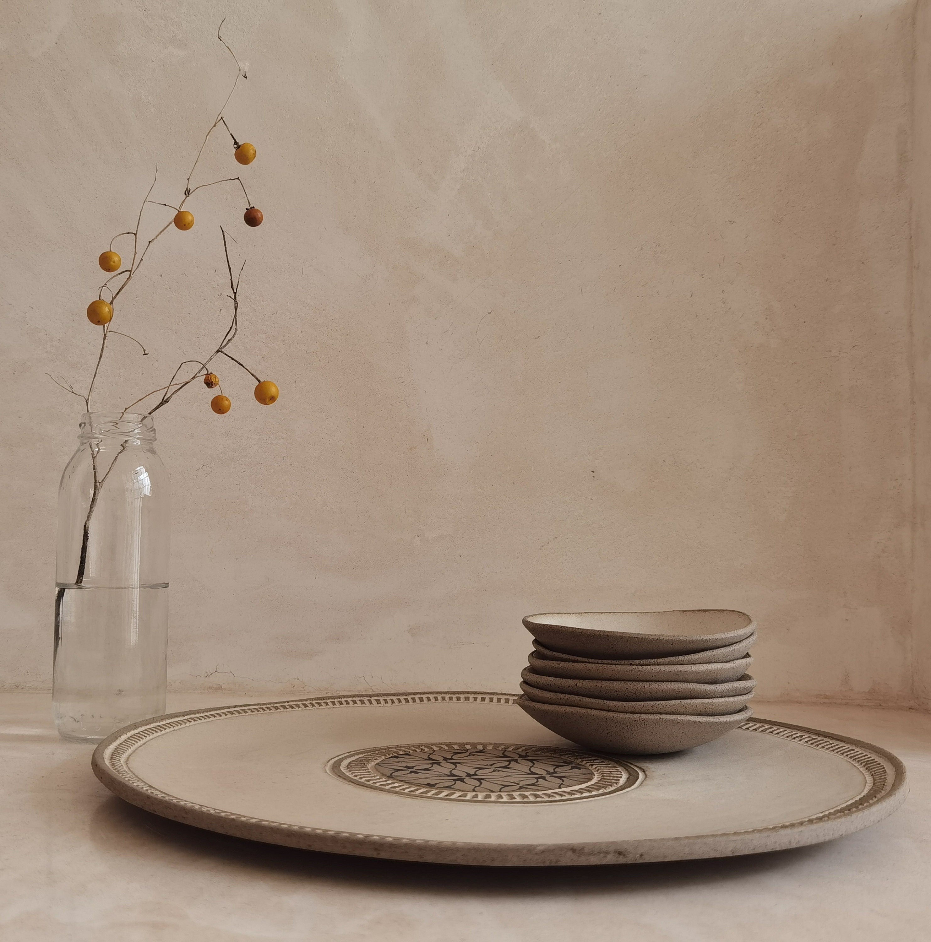 Passover Plate with 6 Small plates ,Beige glazed with black prints.