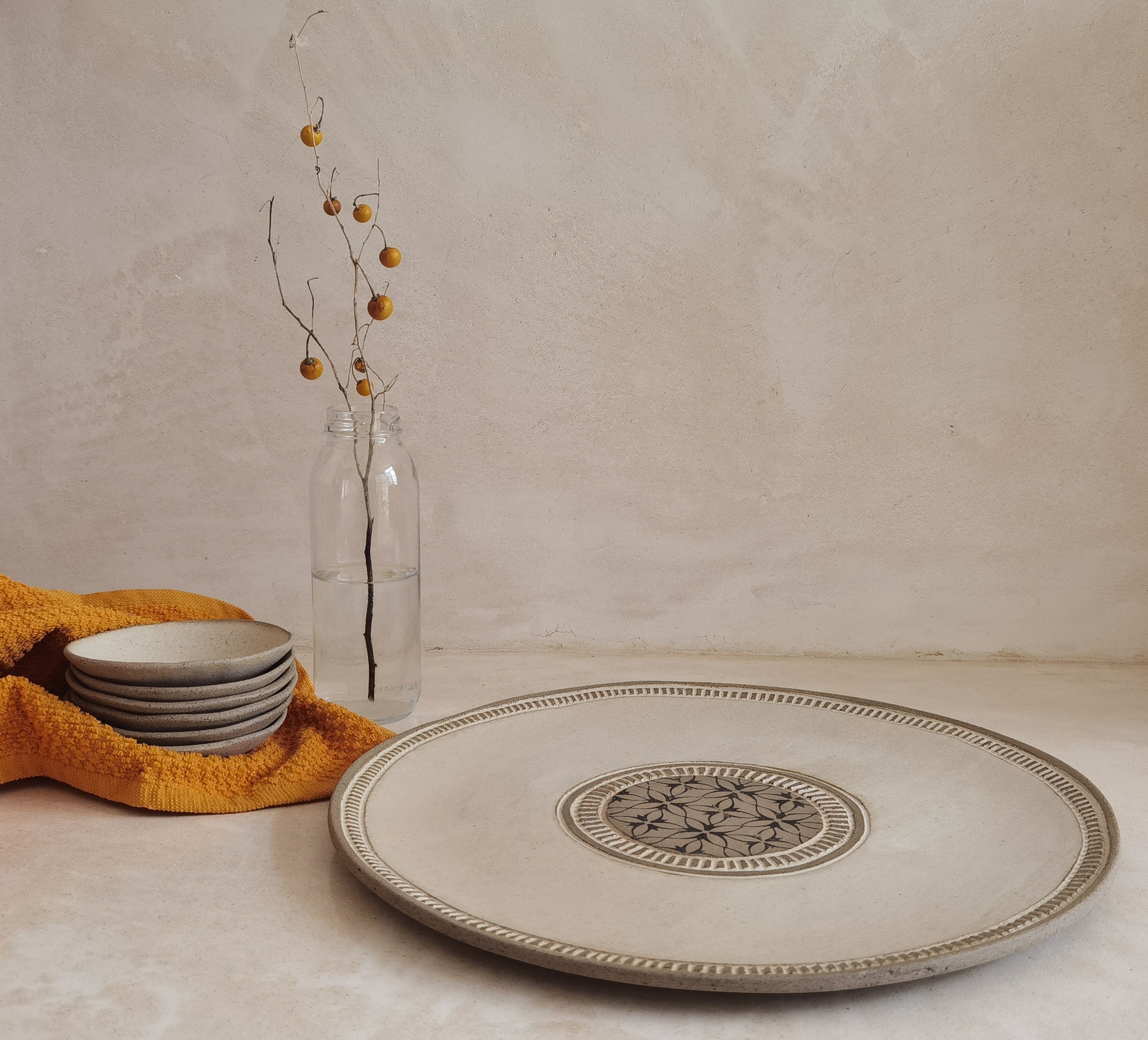 Passover Plate with 6 Small plates ,Beige glazed with black prints.
