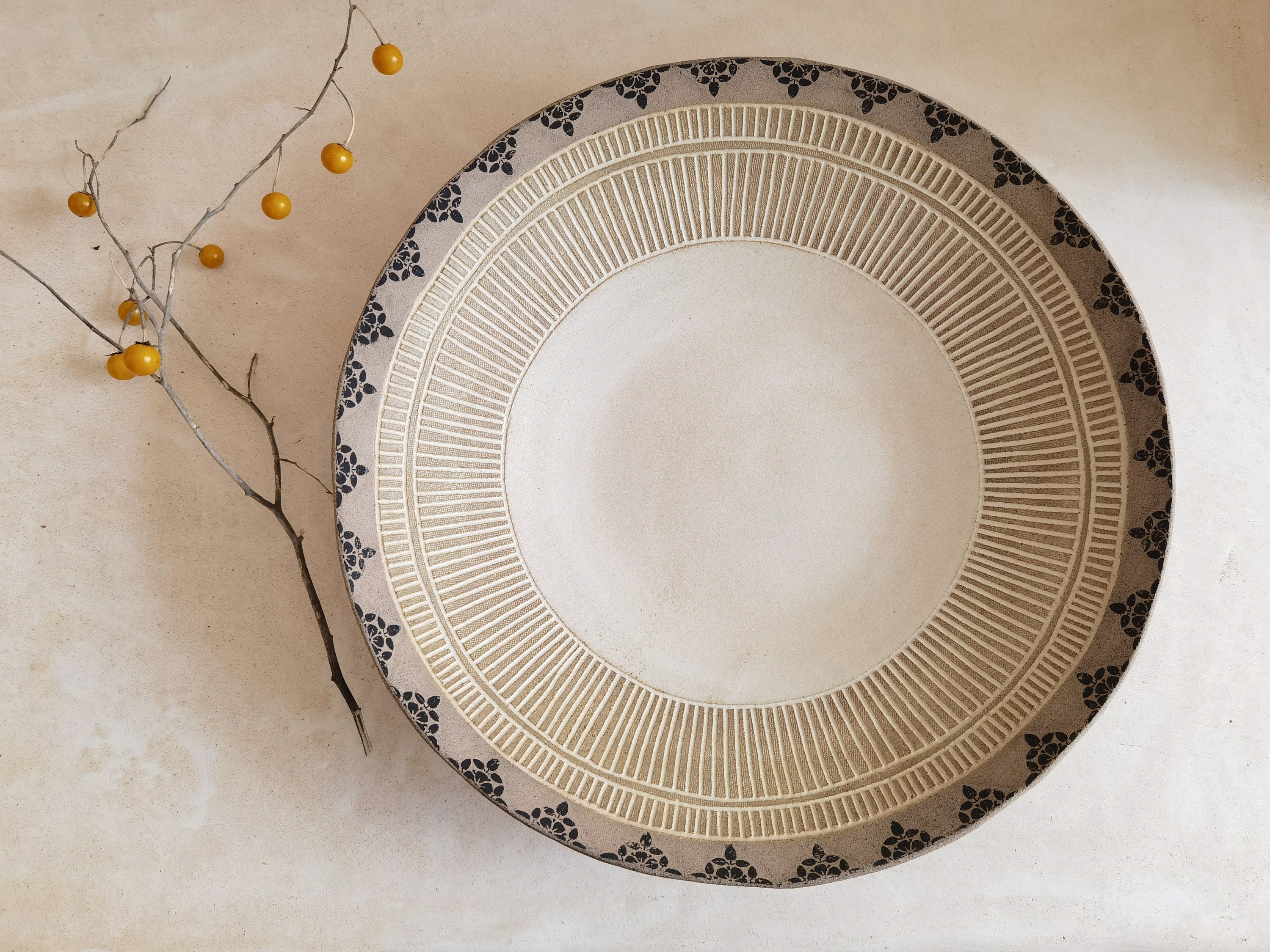 Large Ceramic Serving Bowl: Modern Beige Glaze with Black Print (12.9 inch)