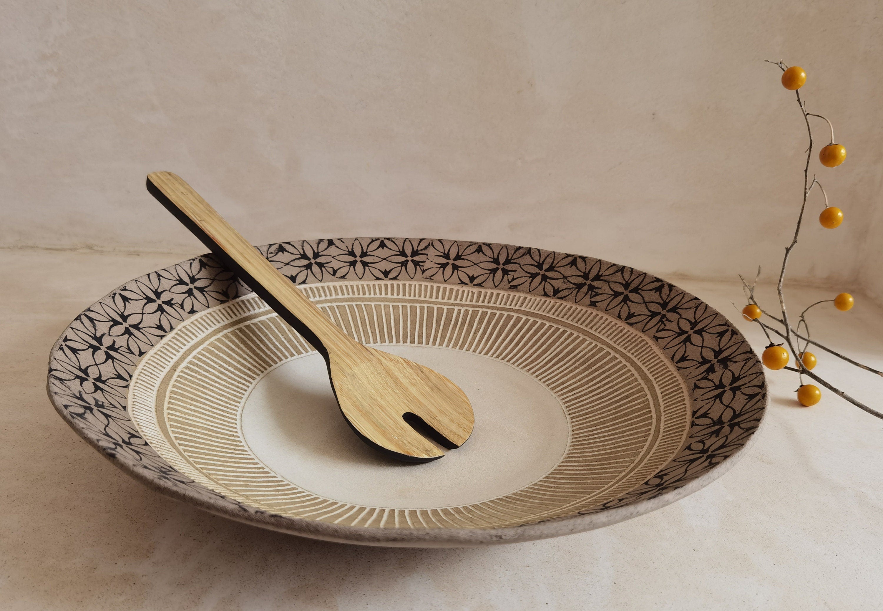 Handmade Gray Clay Pottery Bowl: Large Decorative Serving Dish