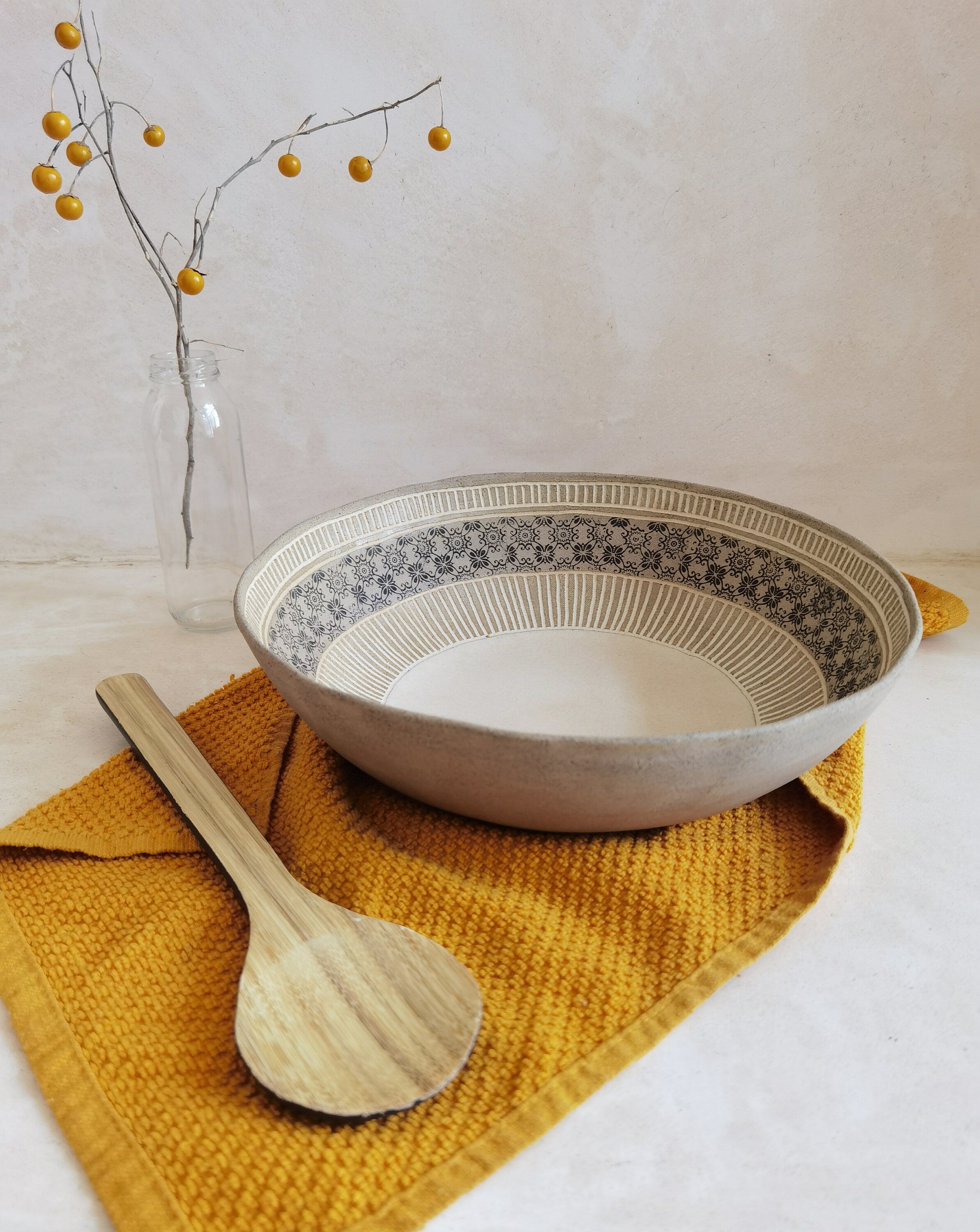 Large Ceramic Serving Bowl: Engraved Black Paint Design