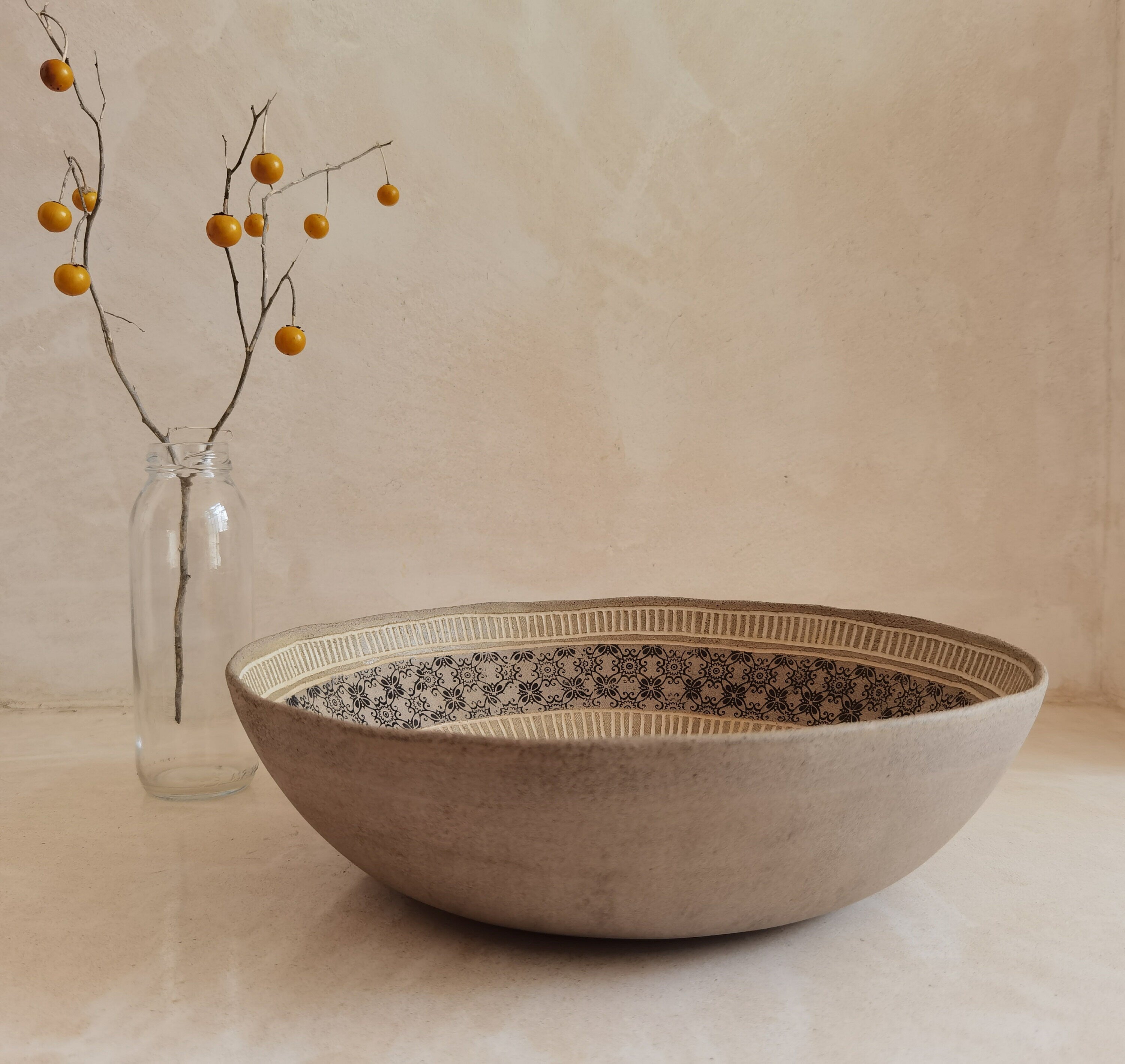 Large Ceramic Serving Bowl: Engraved Black Paint Design