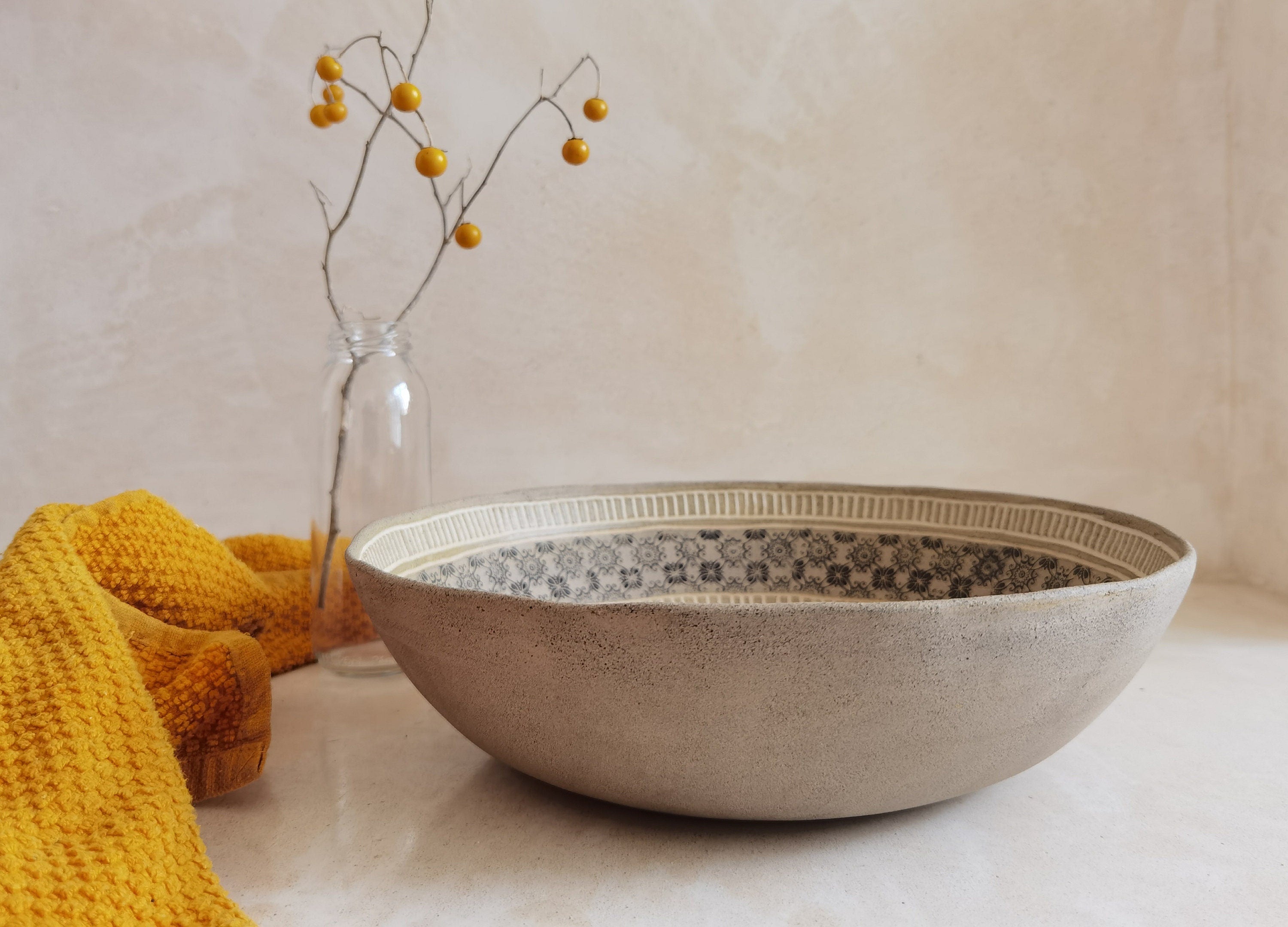 Large Ceramic Serving Bowl: Engraved Black Paint Design