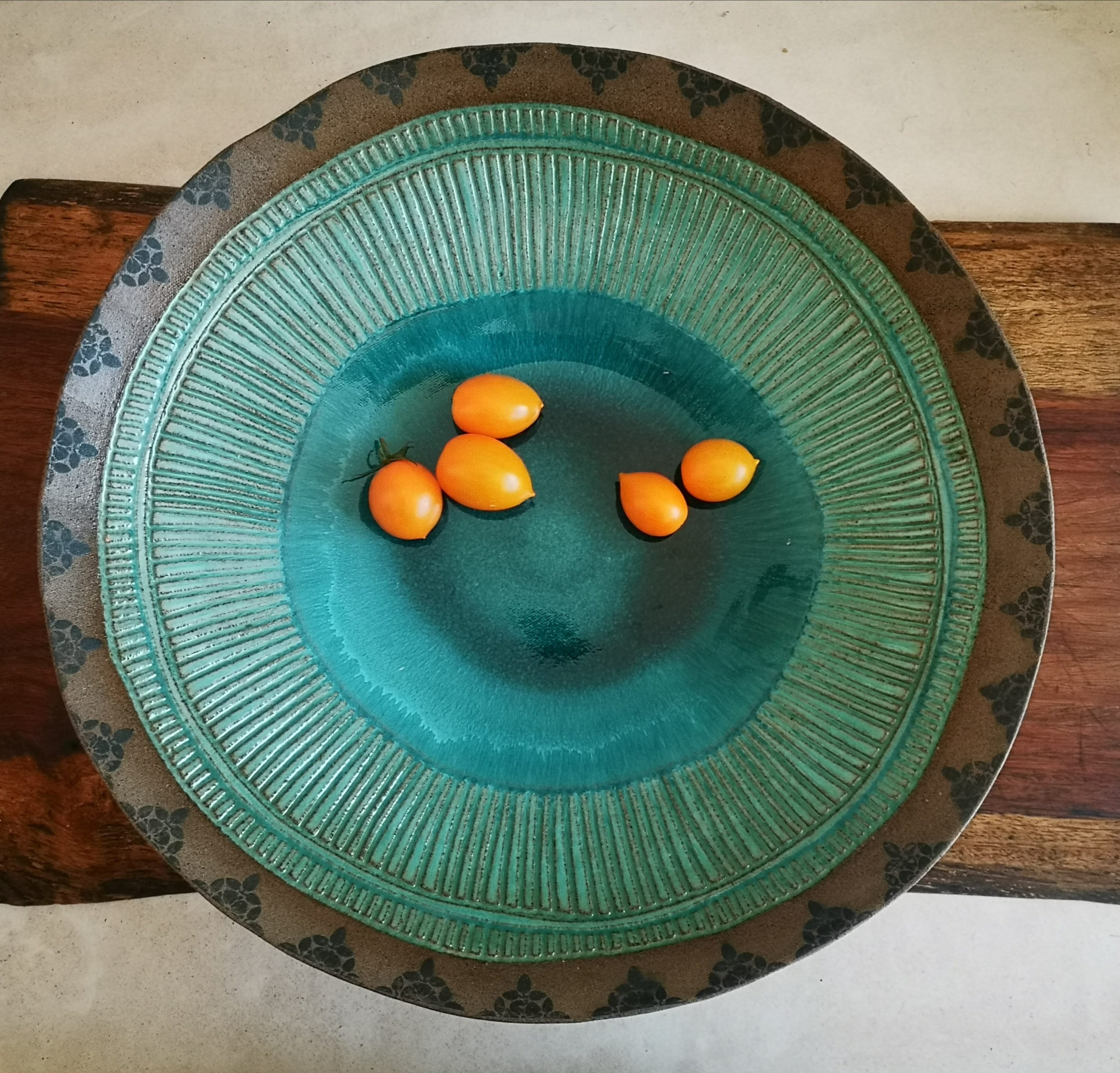 Large Turquoise Glaze Ceramic Bowl: Handmade Print Decor, Serving Dish