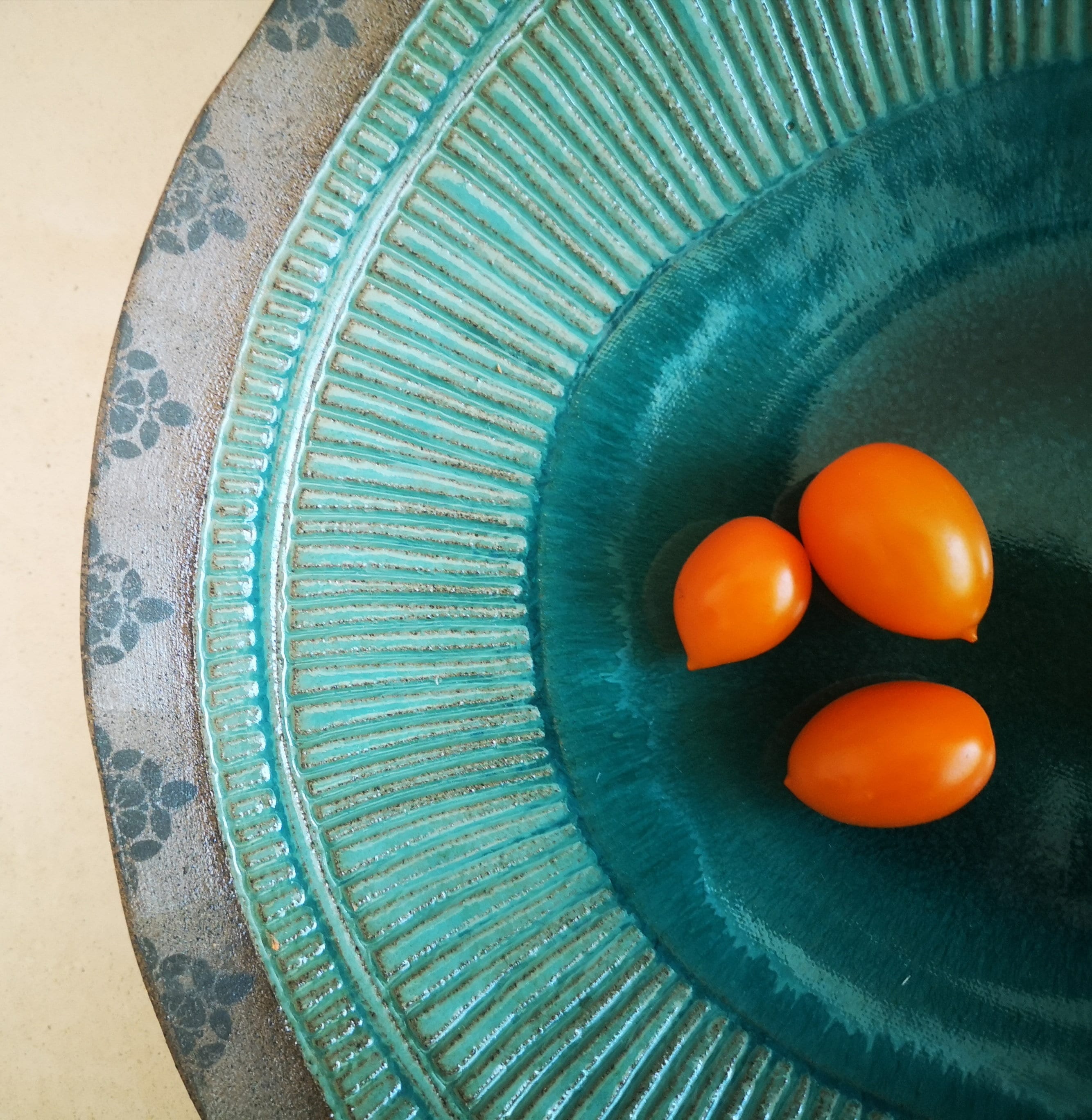 Large Turquoise Glaze Ceramic Bowl: Handmade Print Decor, Serving Dish