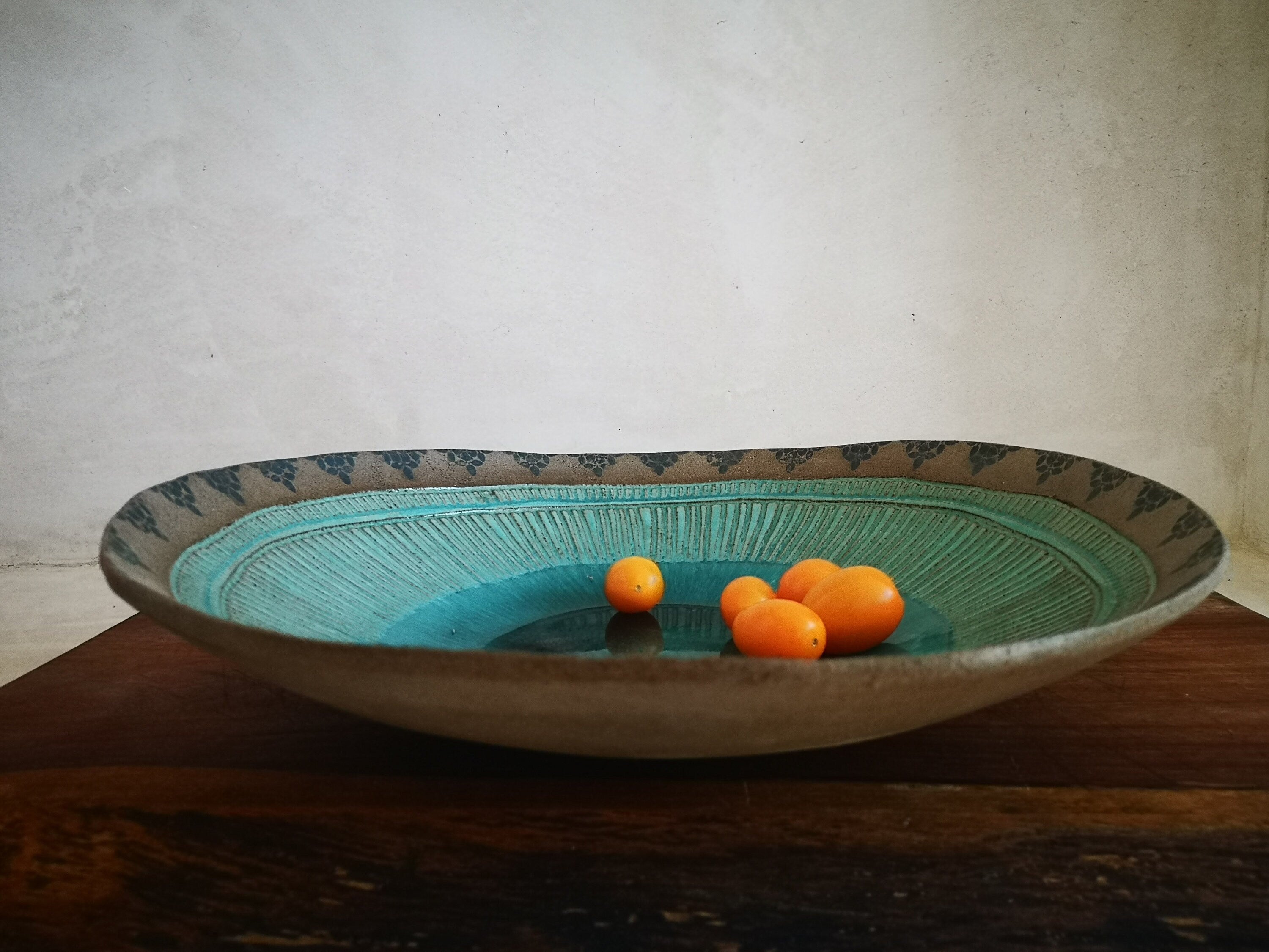 Large Turquoise Glaze Ceramic Bowl: Handmade Print Decor, Serving Dish