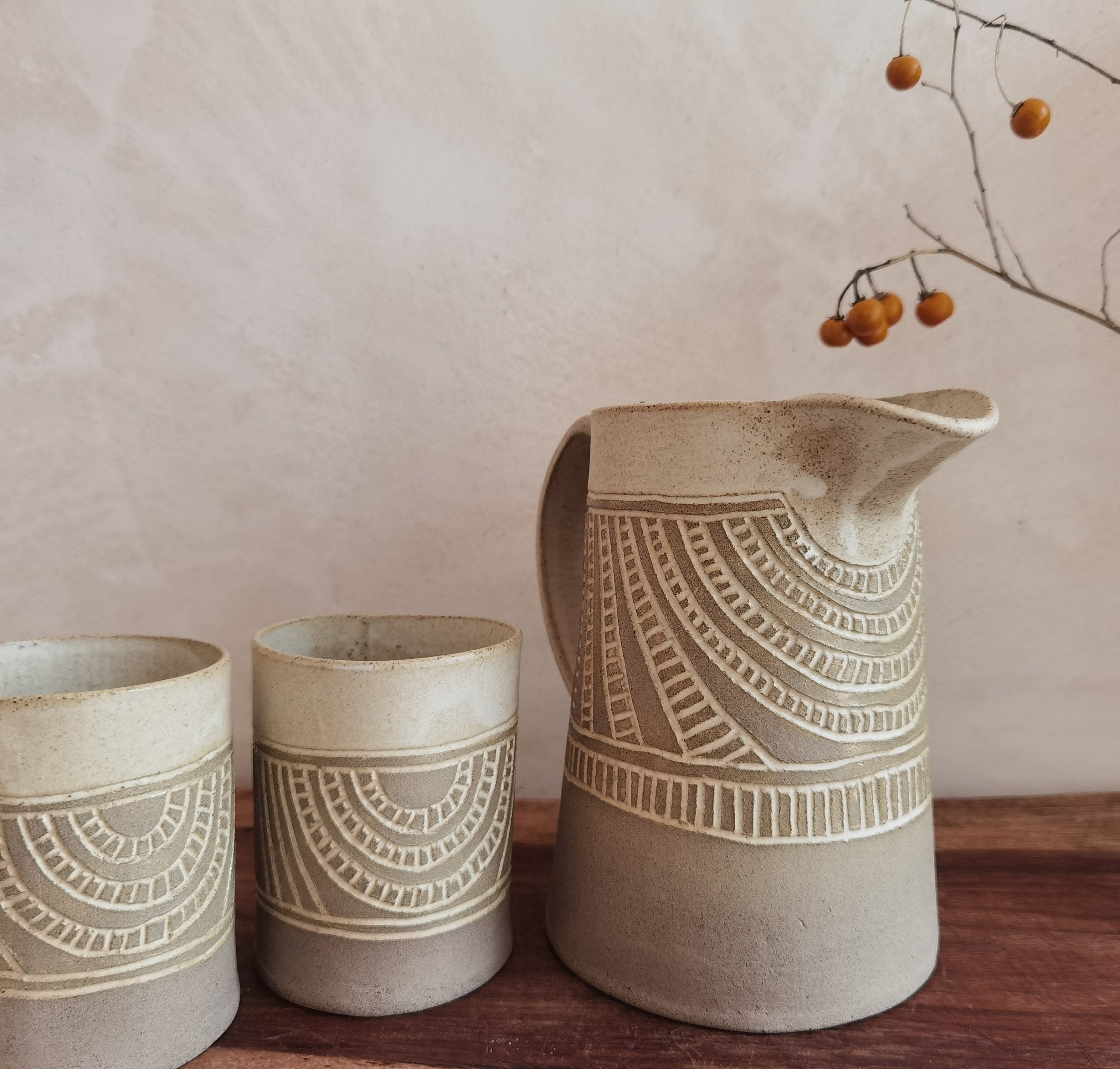 Handmade Ceramic Pitcher & Tumblers Set: Rustic Drinkware