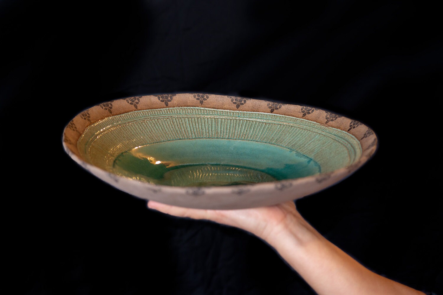 Large Turquoise Glaze Ceramic Bowl: Handmade Print Decor, Serving Dish