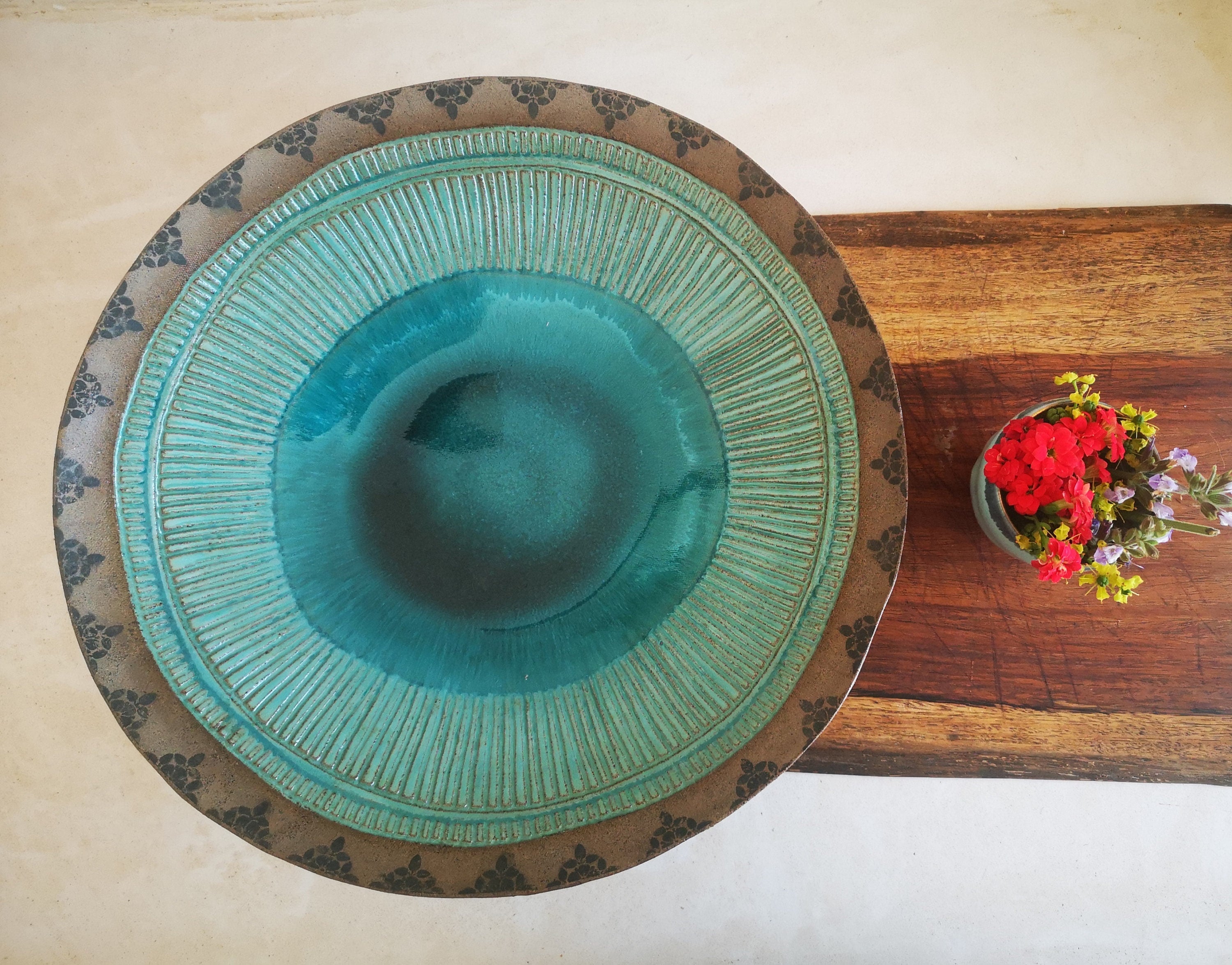 Large Turquoise Glaze Ceramic Bowl: Handmade Print Decor, Serving Dish
