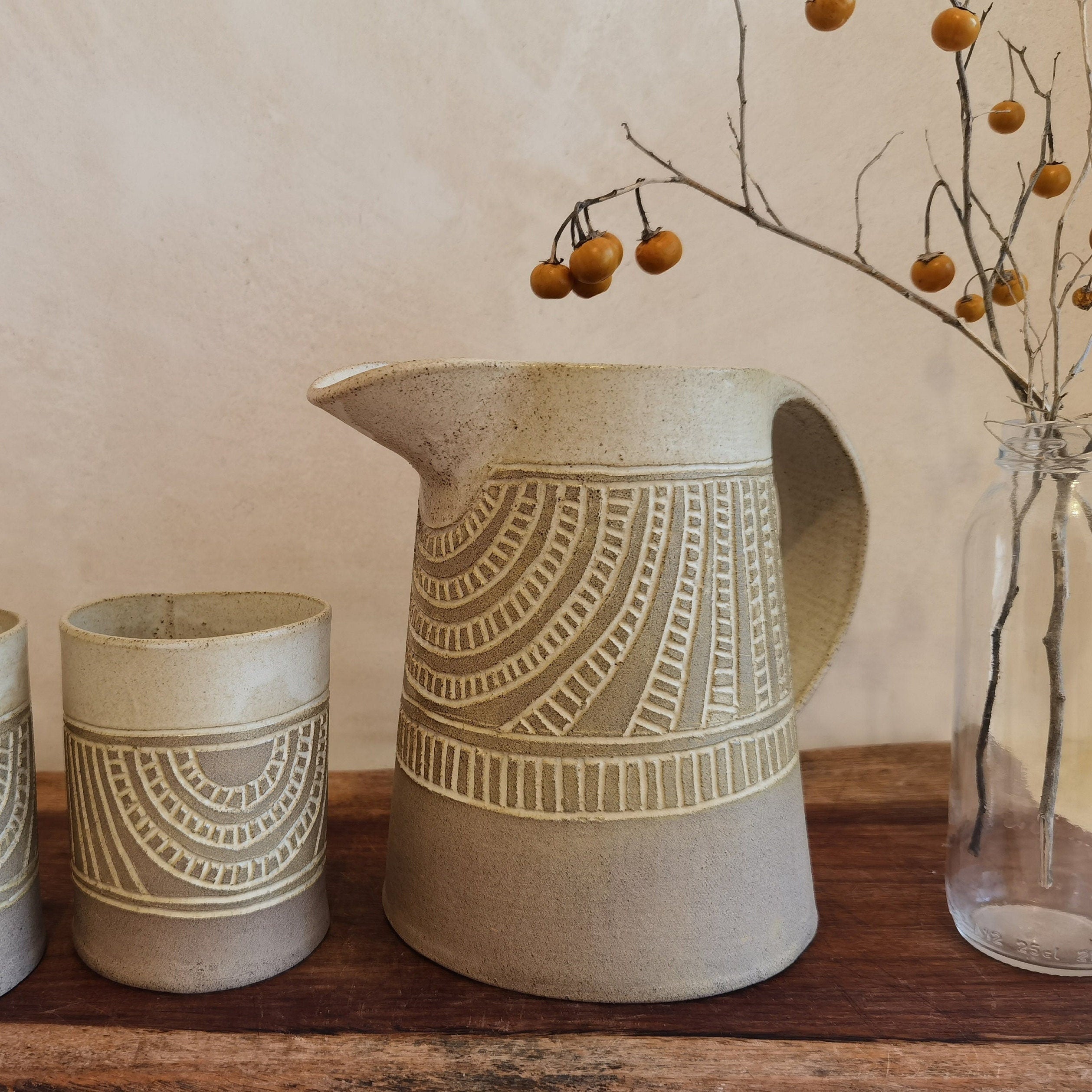 Handmade Ceramic Pitcher & Tumblers Set: Rustic Drinkware