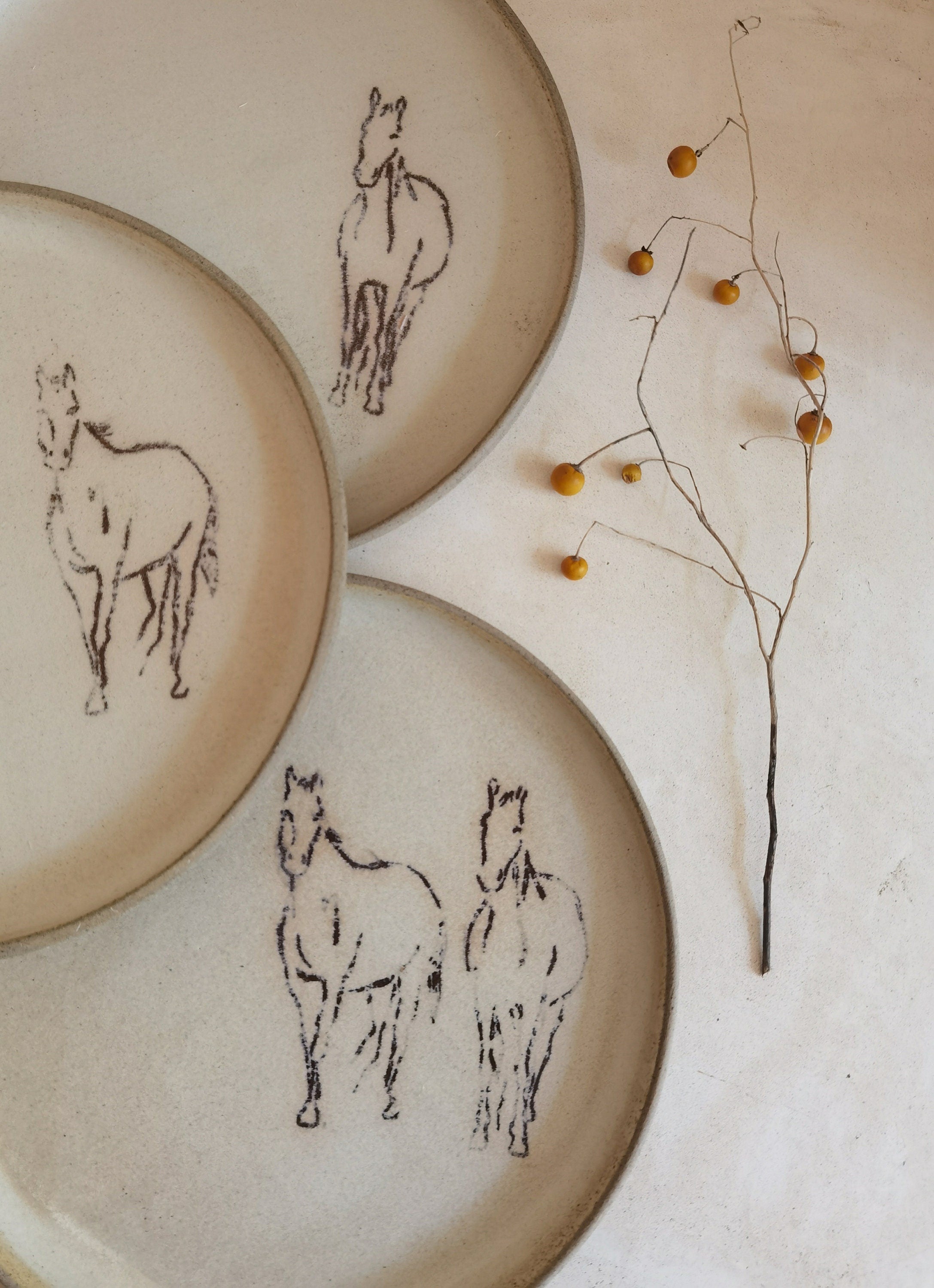 TWO large Ceramic Plates,  Horse Decorations, Unique pottery, Rustic style