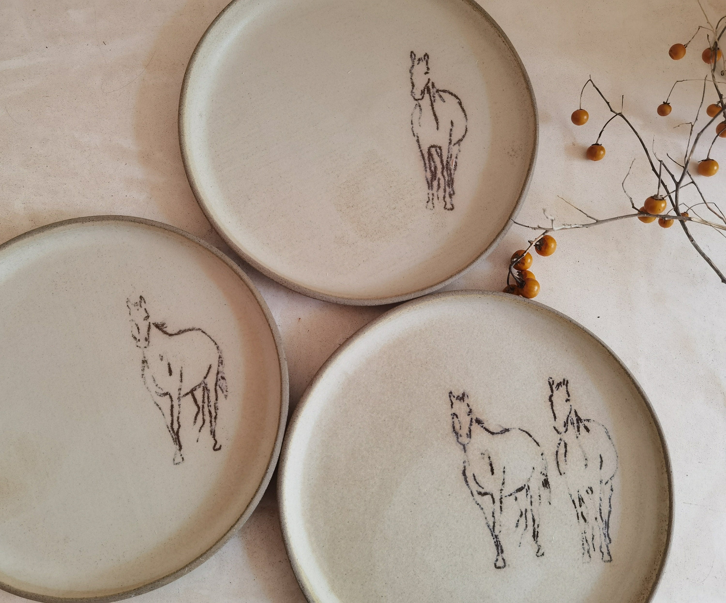 TWO large Ceramic Plates,  Horse Decorations, Unique pottery, Rustic style