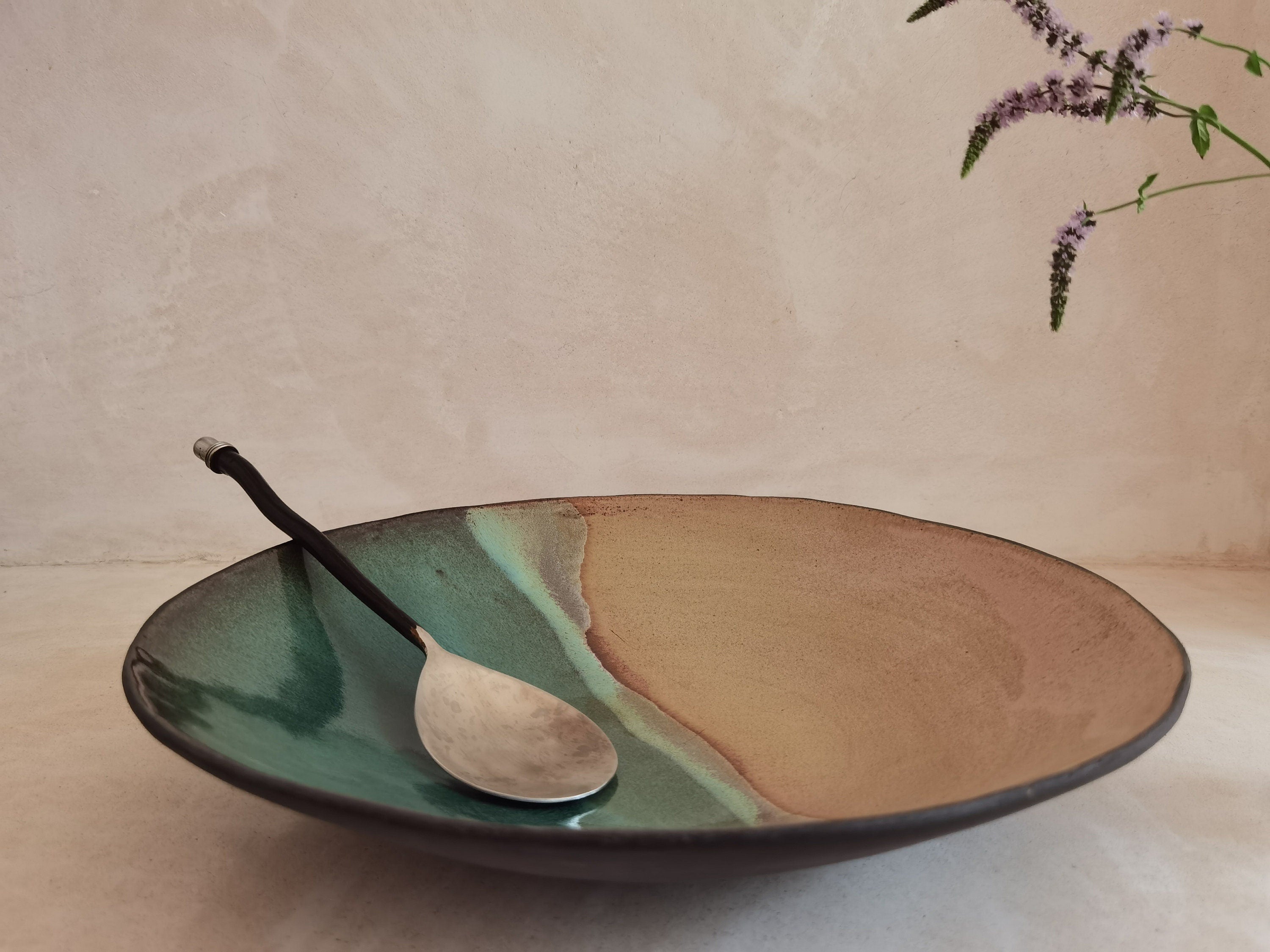 Large Ceramic Serving Bowl, Beige and Turquoise Glaze, Modern Centerpiece