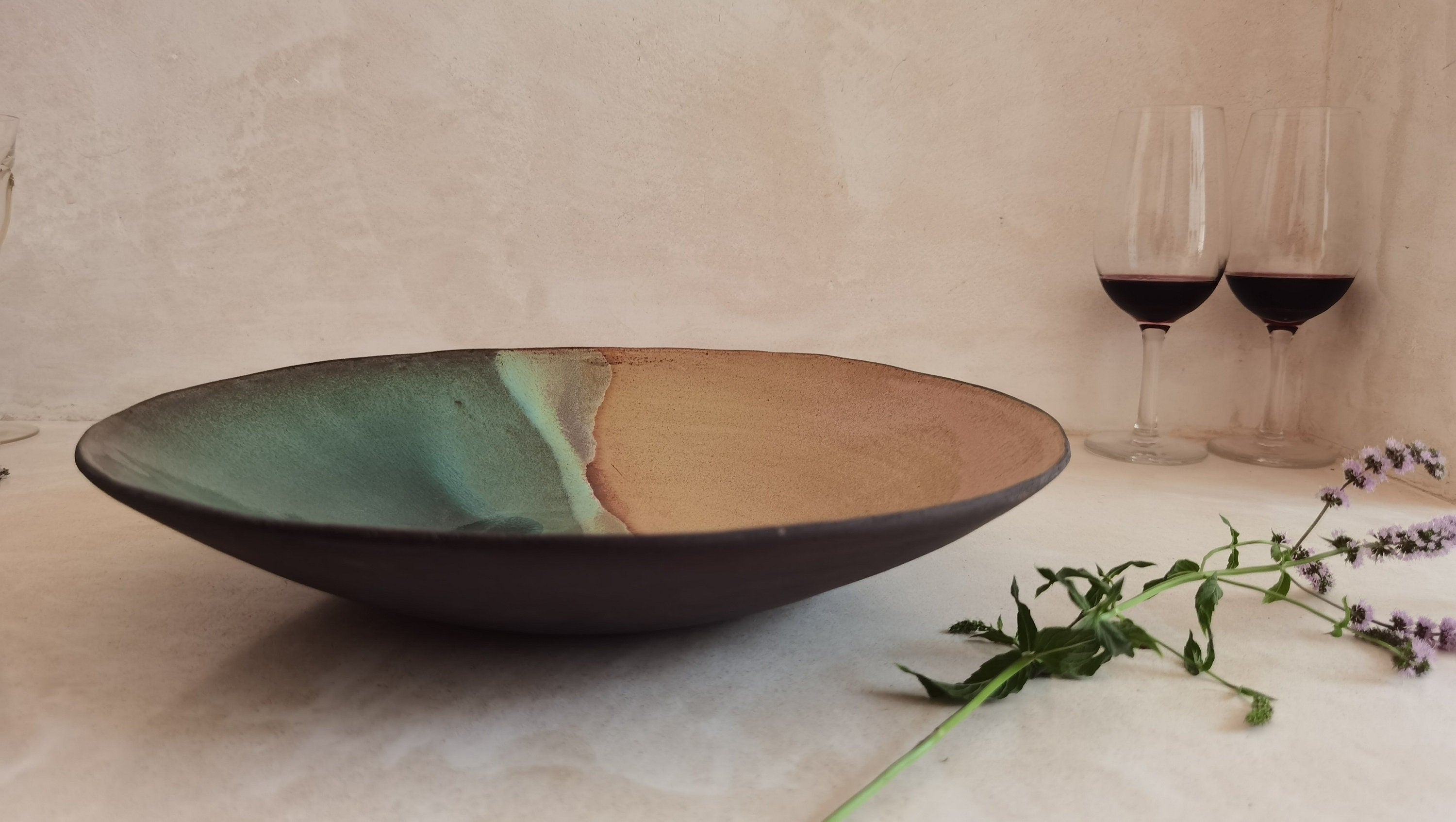 Large Ceramic Serving Bowl, Beige and Turquoise Glaze, Modern Centerpiece